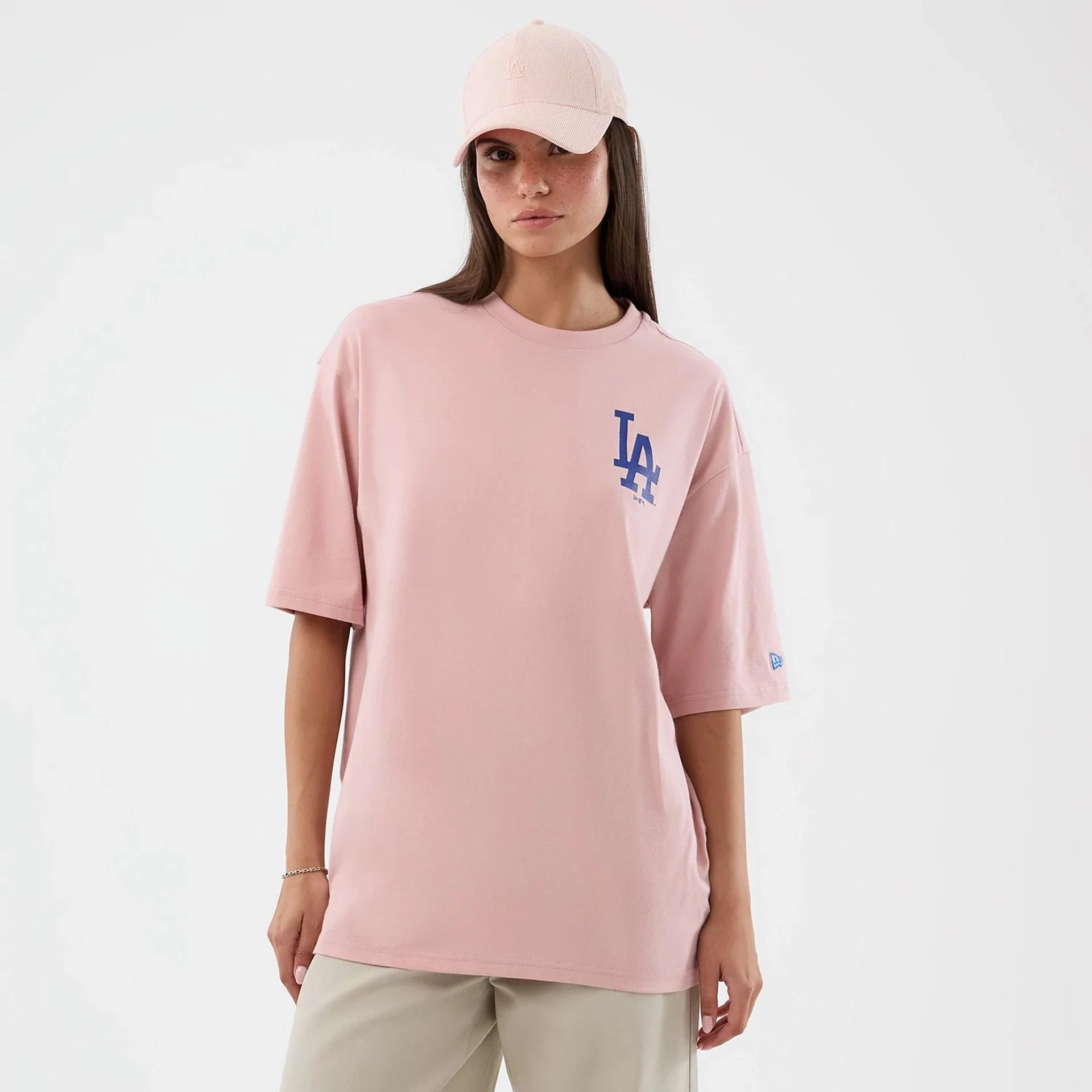 LA Dodgers MLB Cap Graphic Pastel Pink Oversized T-Shirt - Image 4