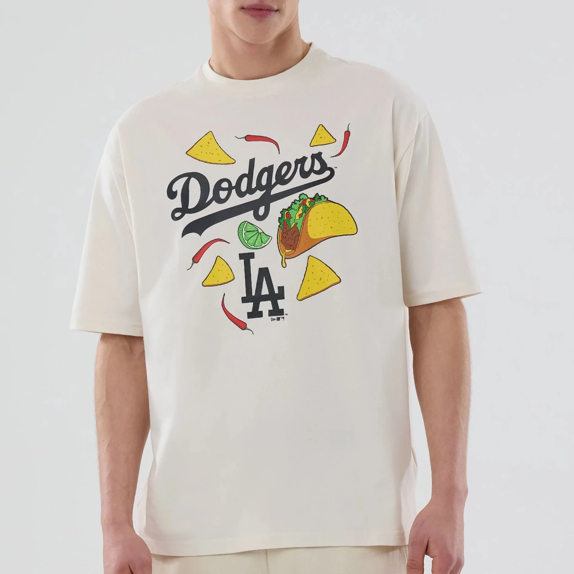 LA Dodgers MLB Food Graphic Open White Oversized T-Shirt - Image 4