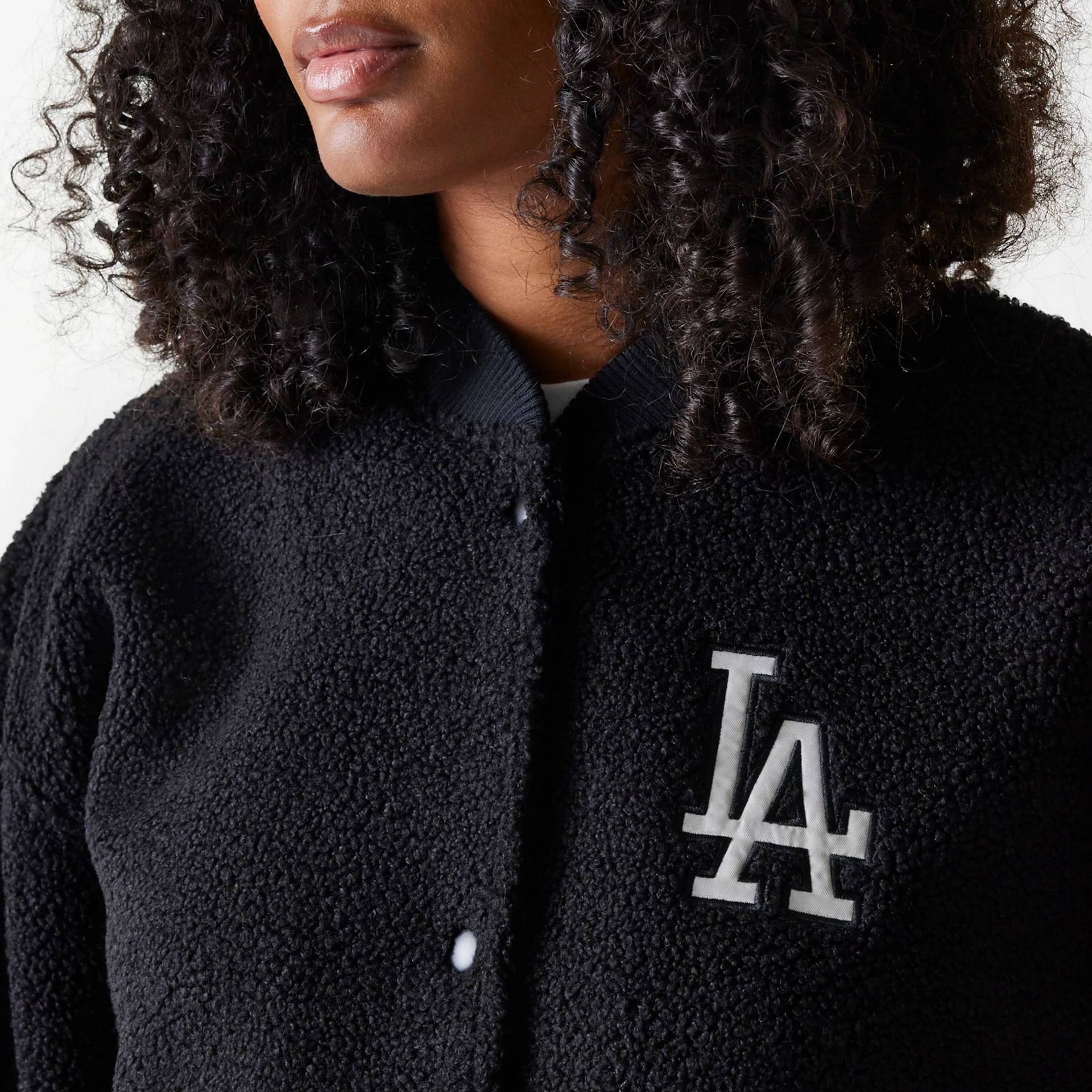 LA Dodgers Womens MLB Black Oversized Sherpa Bomber Jacket - Image 3