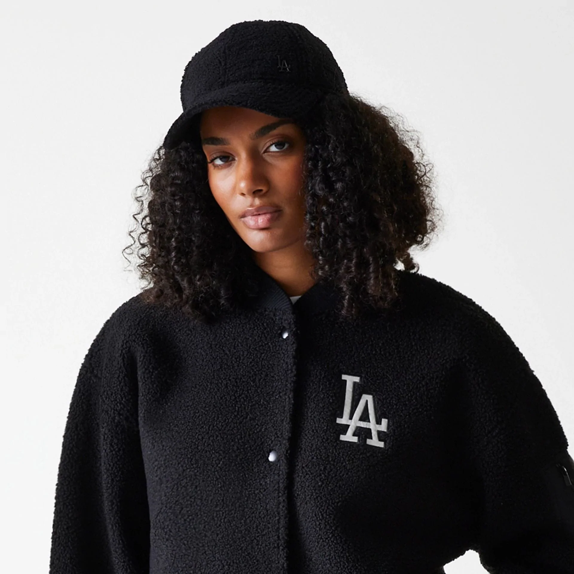 LA Dodgers Womens MLB Black Oversized Sherpa Bomber Jacket - Image 5