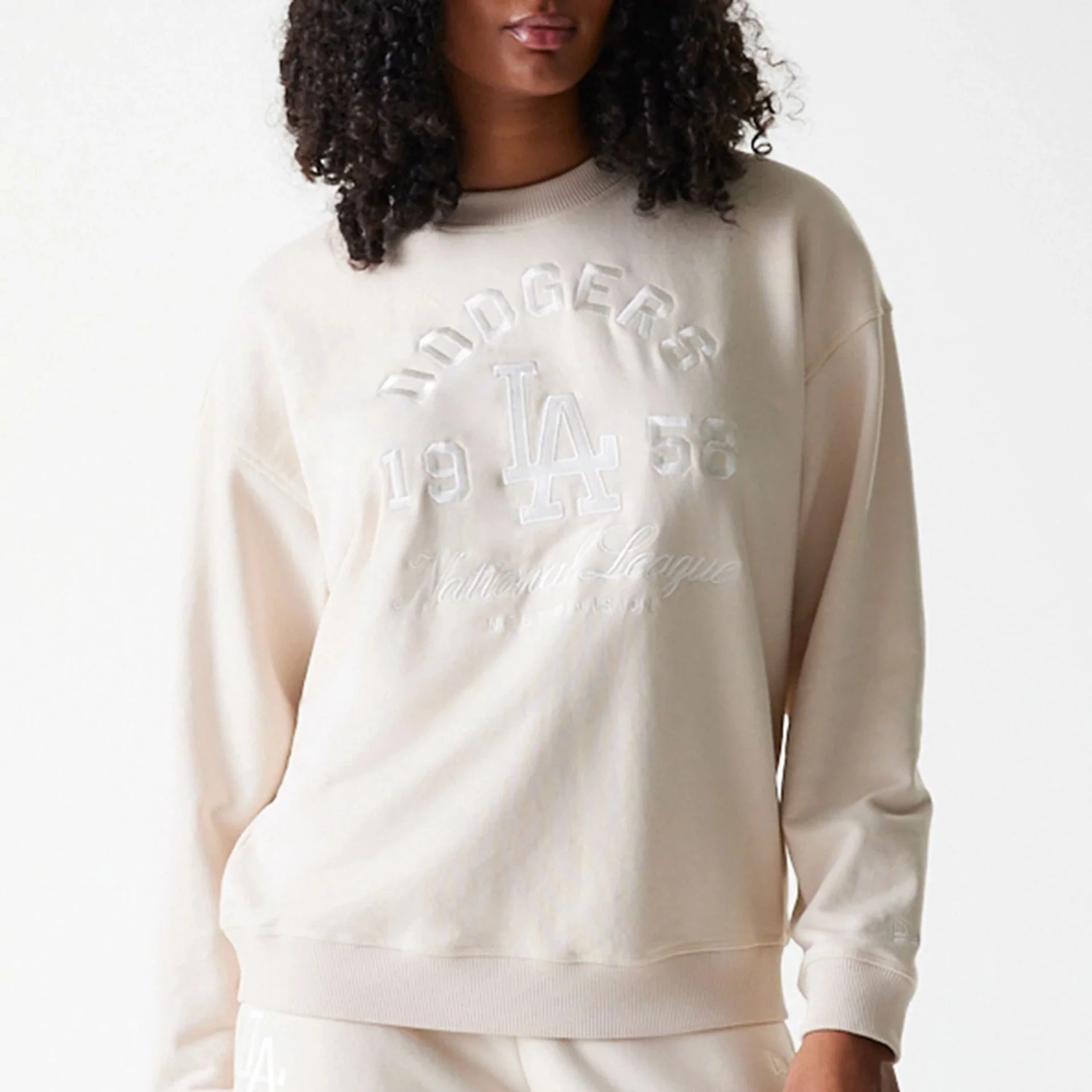 LA Dodgers Womens MLB Tonal Graphic Light Beige Oversized Crew Neck Sweater - Image 3