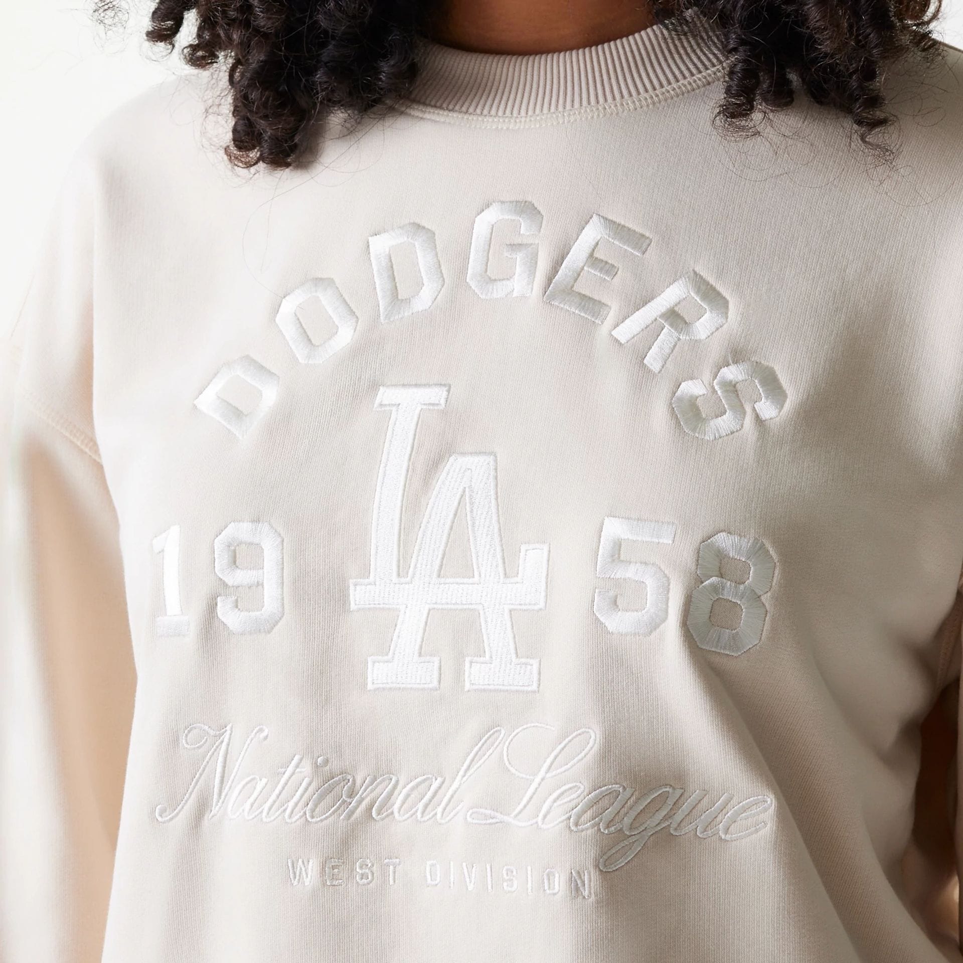 LA Dodgers Womens MLB Tonal Graphic Light Beige Oversized Crew Neck Sweater - Image 4