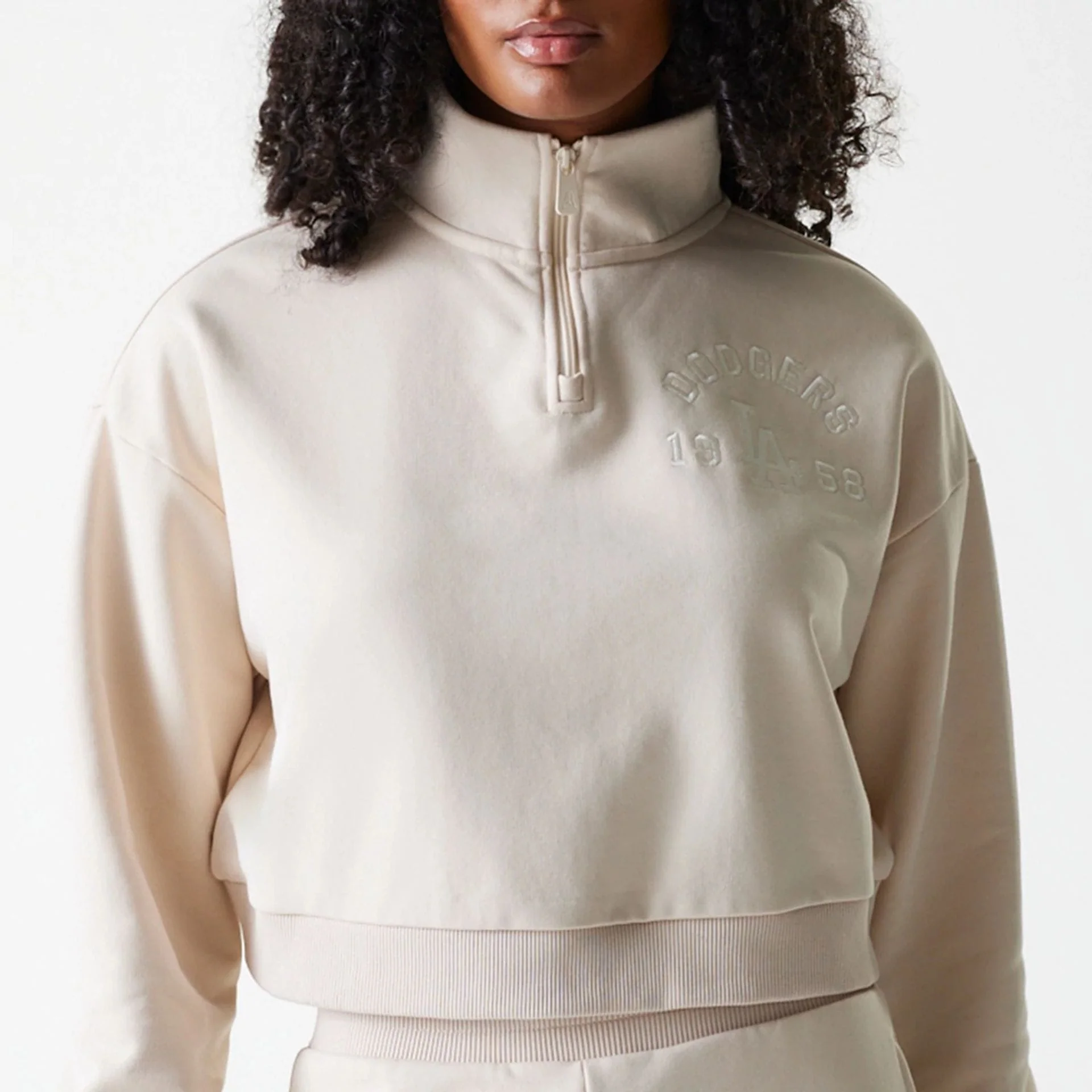 LA Dodgers Womens MLB Tonal Light Beige Cropped 1/4 Zip Sweater - Image 3