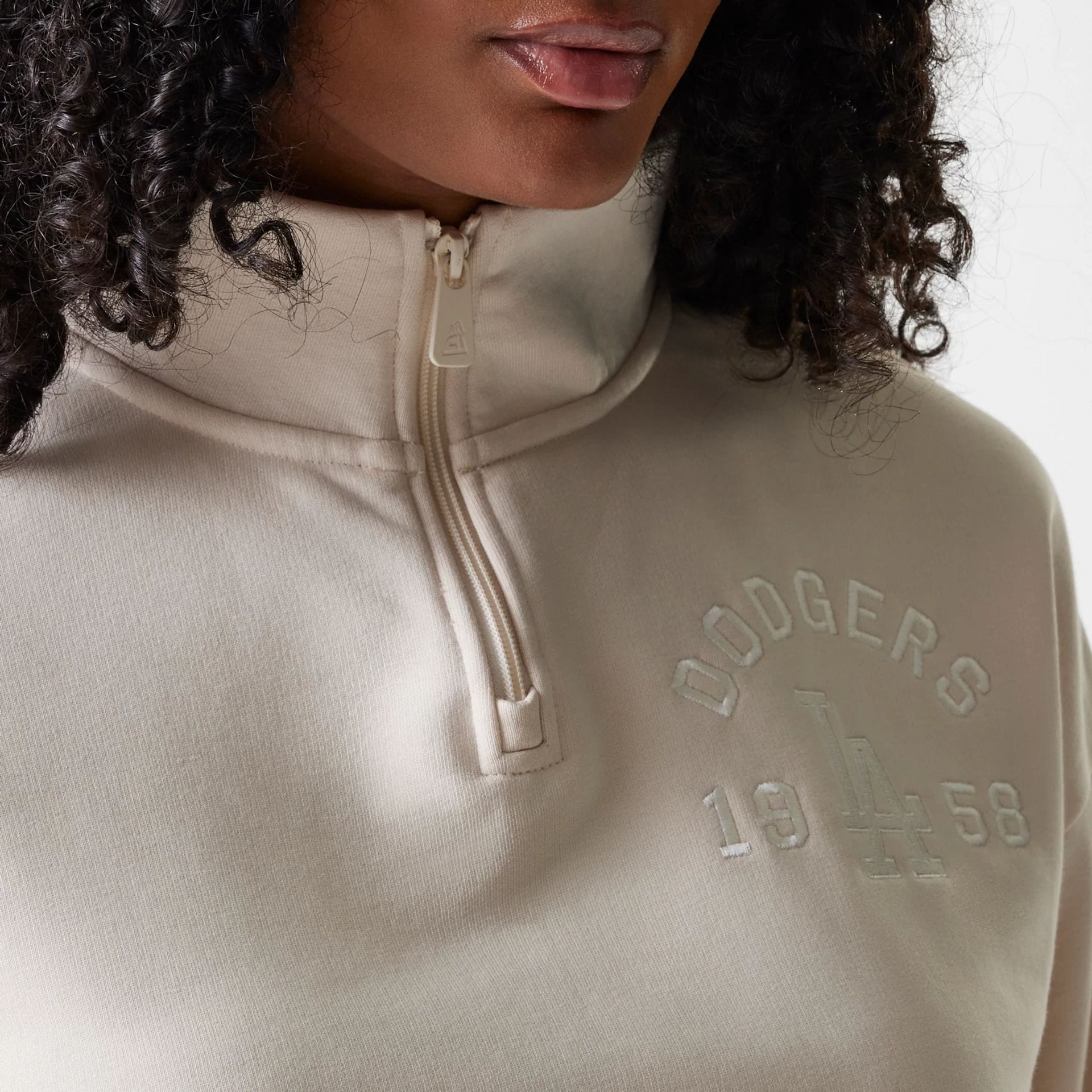 LA Dodgers Womens MLB Tonal Light Beige Cropped 1/4 Zip Sweater - Image 4