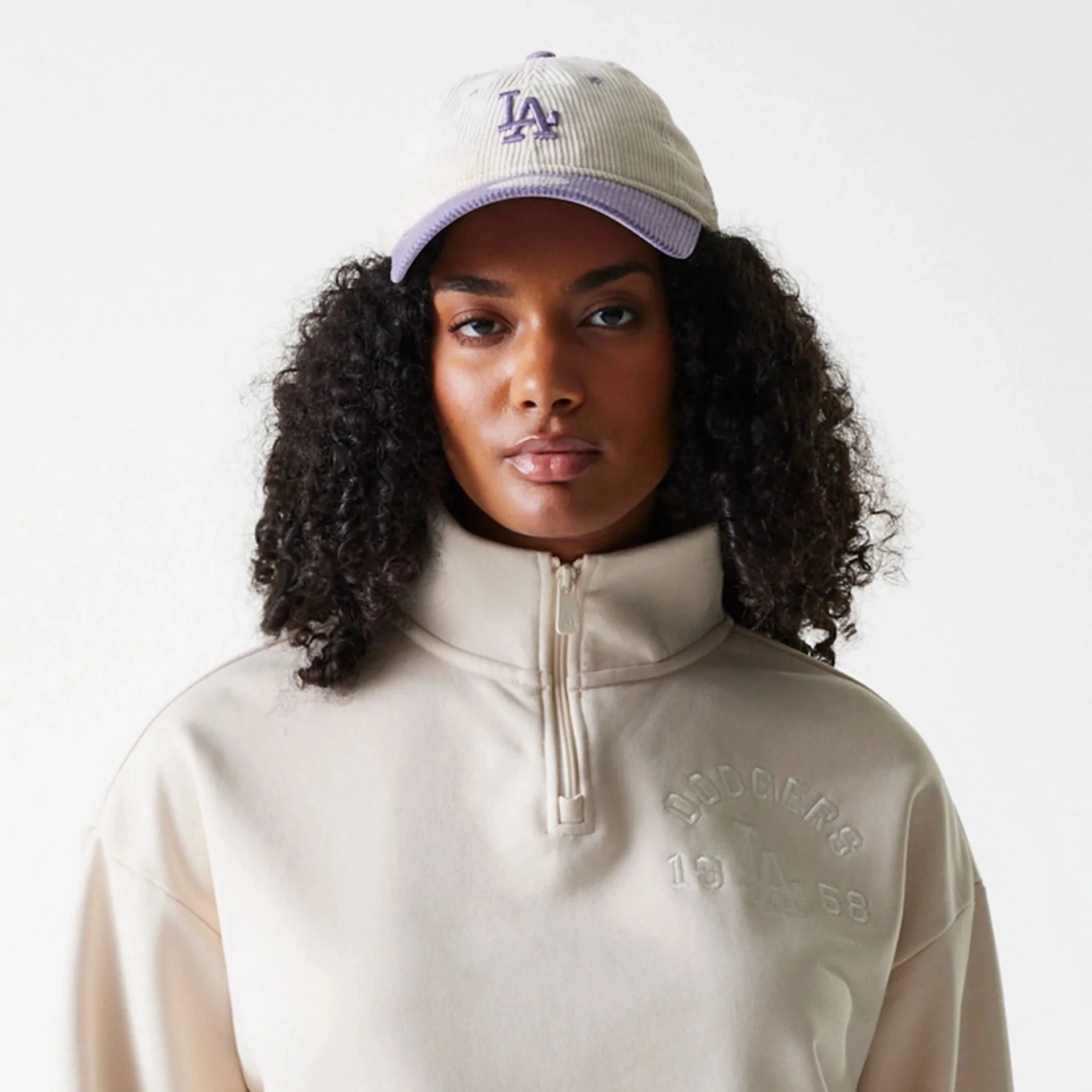 LA Dodgers Womens MLB Tonal Light Beige Cropped 1/4 Zip Sweater - Image 6