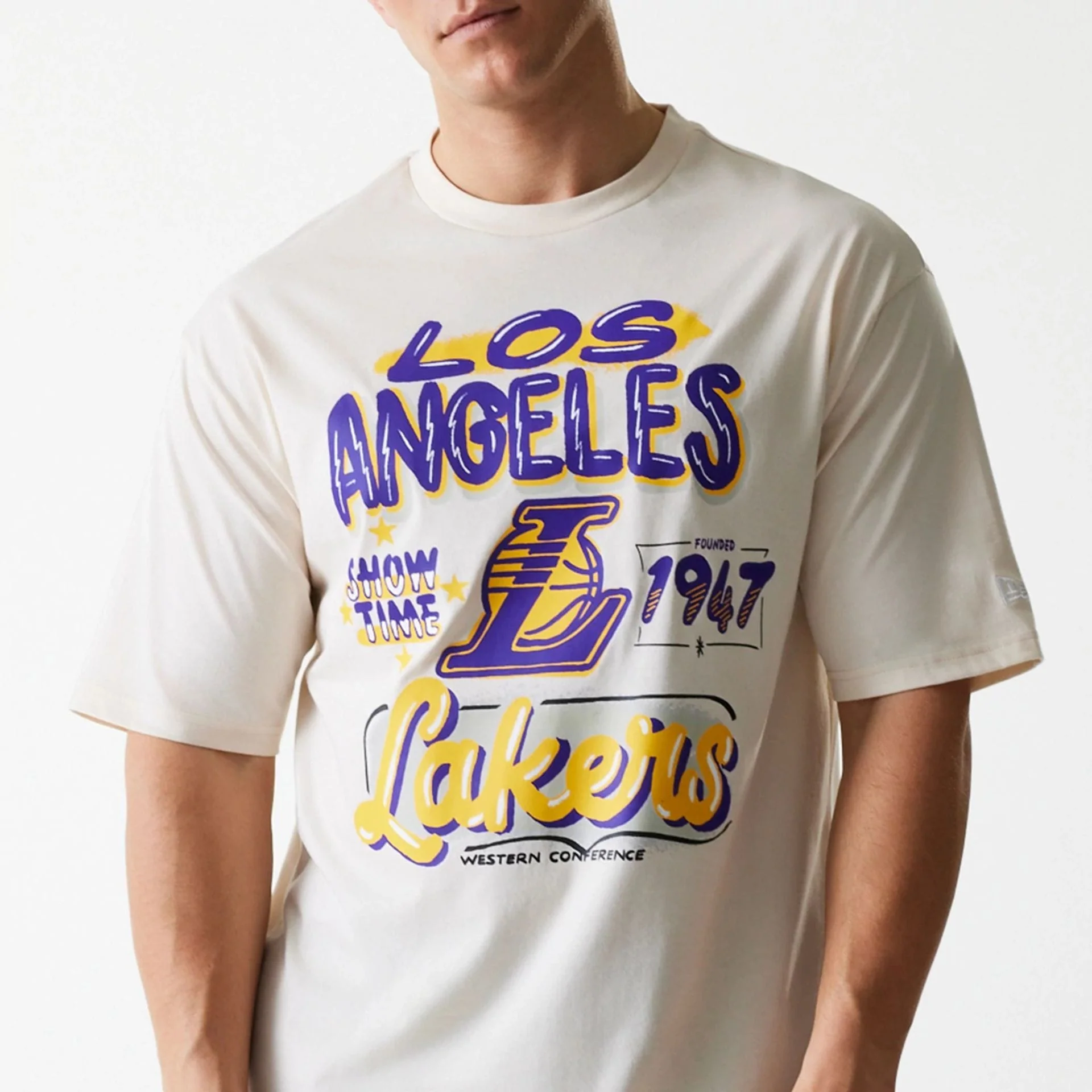 LA Lakers NBA Graphic Light Beige Oversized T-Shirt - Image 3