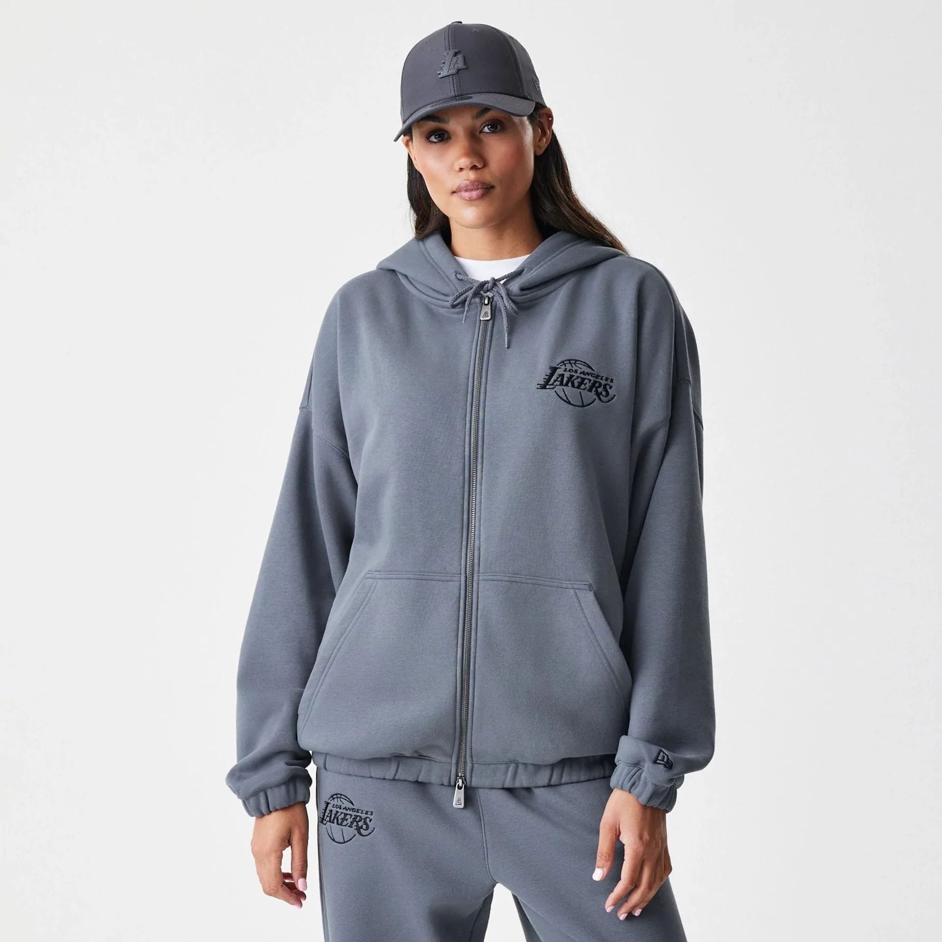 LA Lakers NBA Linear Dark Grey Oversized Full Zip Hoodie - Image 4