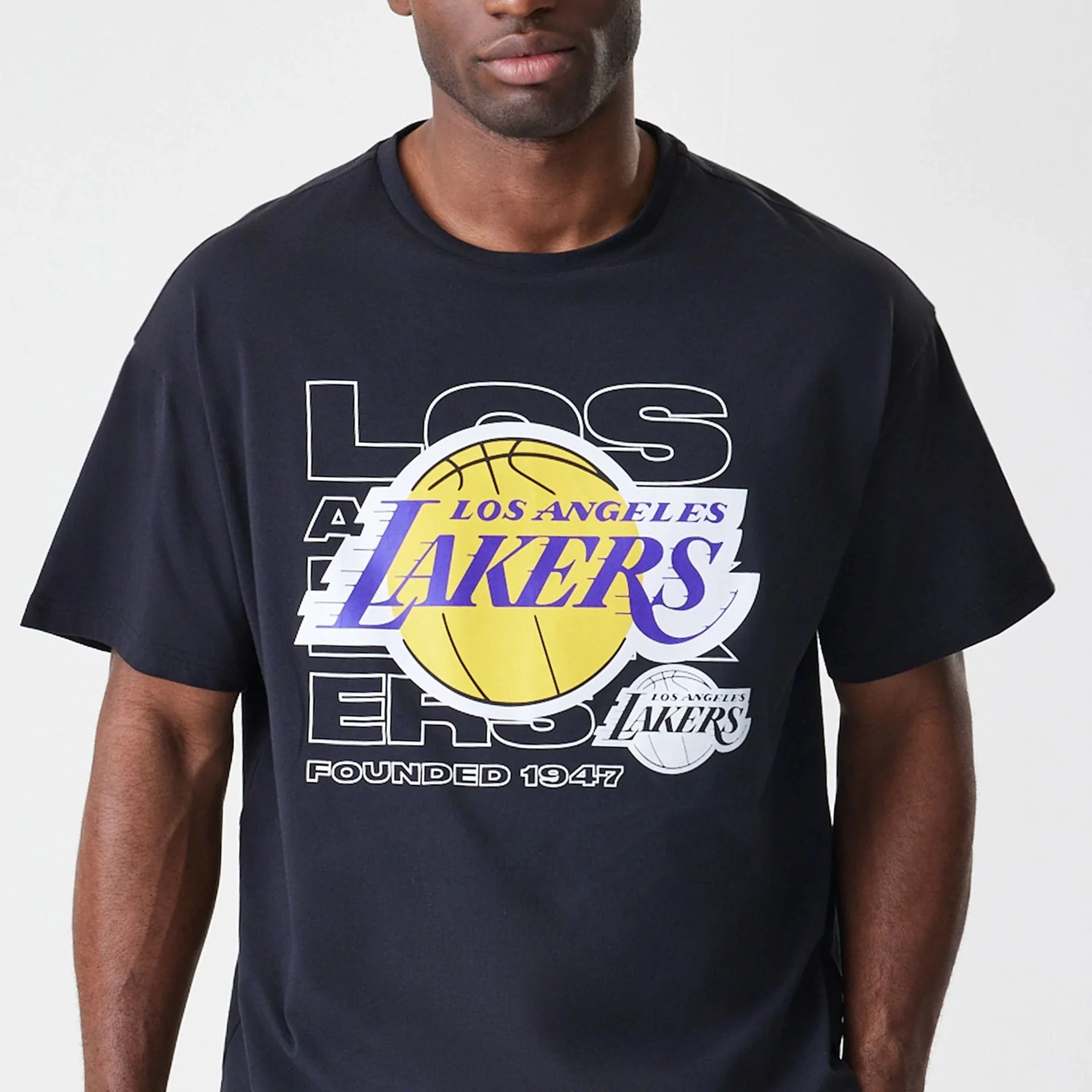 LA Lakers NBA Outline Graphic Navy Oversized T-Shirt - Image 3
