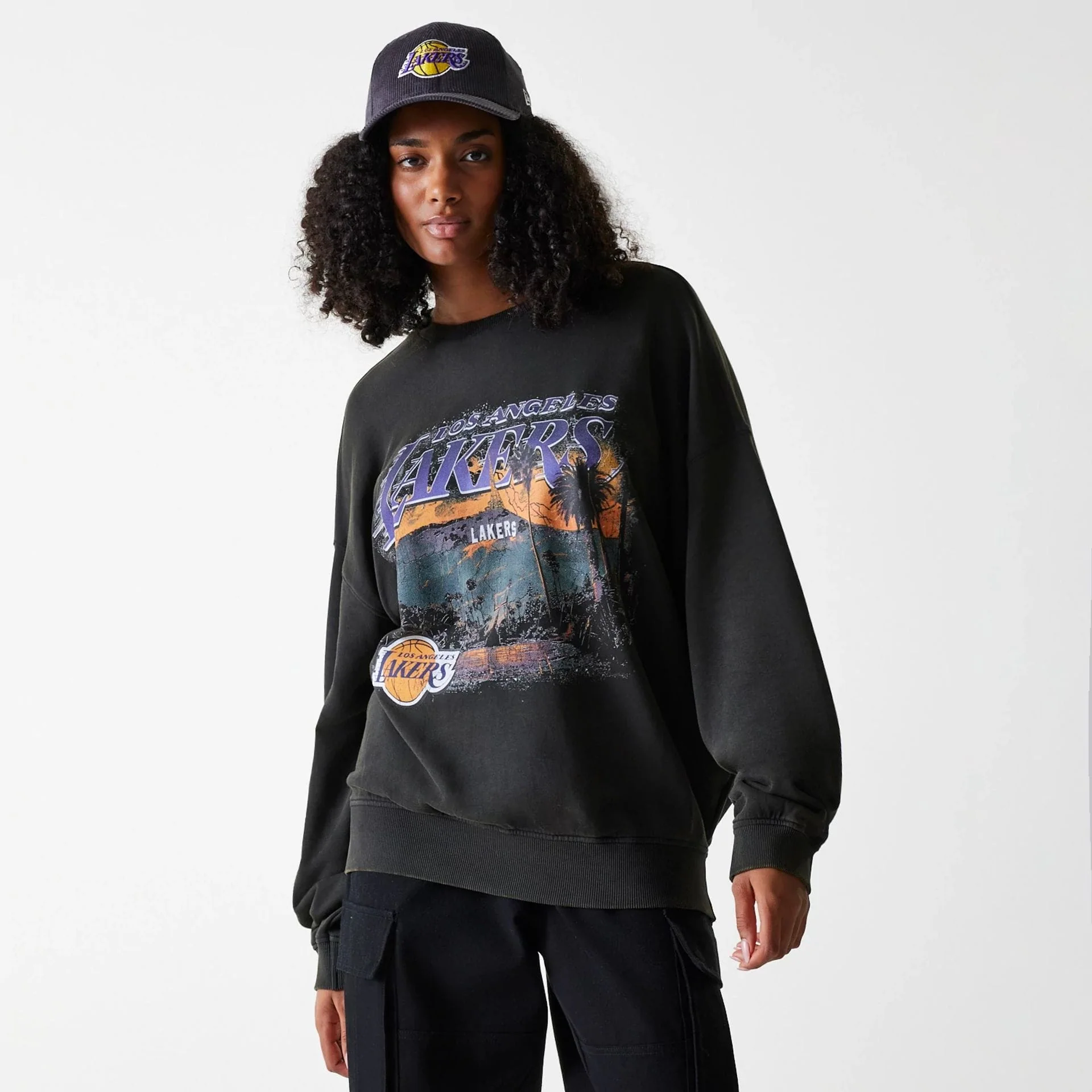 LA Lakers NBA Washed Graphic Grey Oversized Crew Neck Sweater - Image 4