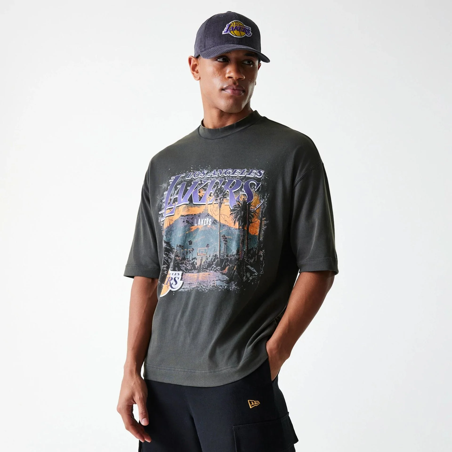 LA Lakers NBA Washed Graphic Grey T-Shirt - Image 3