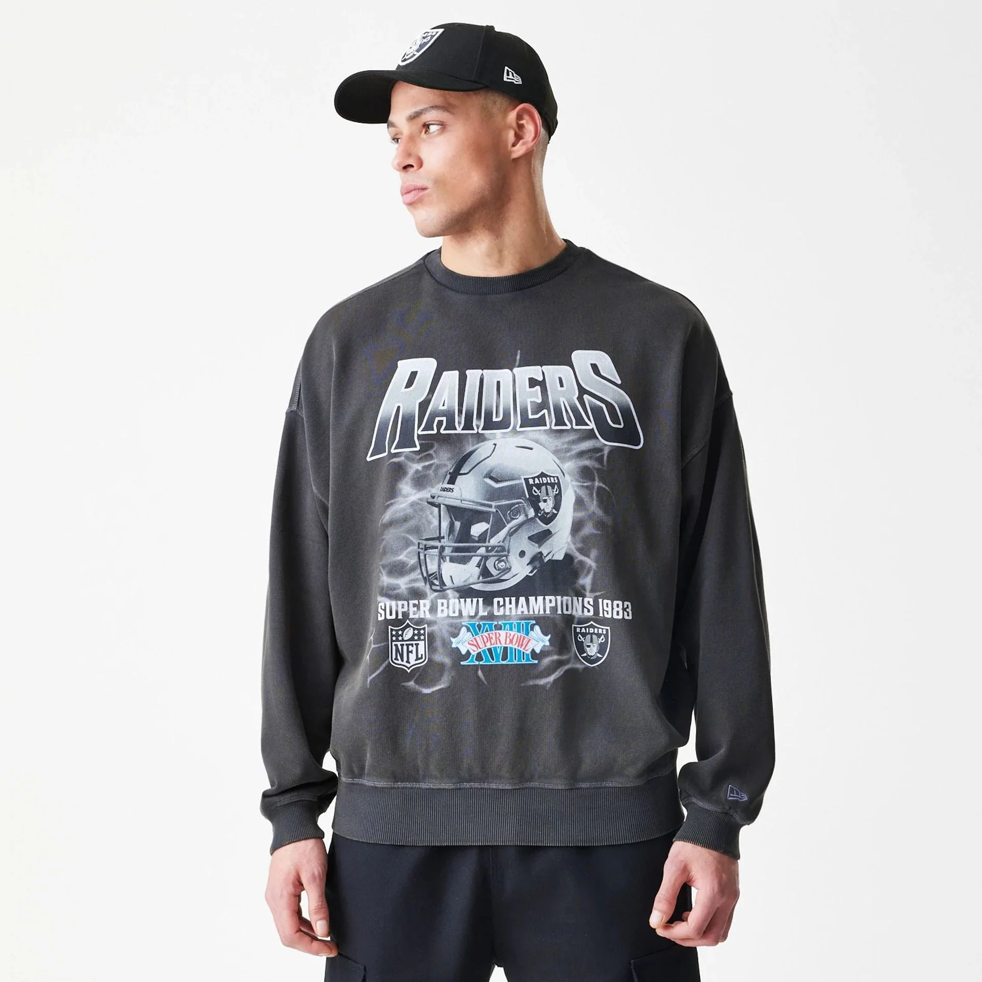Las Vegas Raiders NFL Washed Boxy Dark Grey Oversized Crew Neck Sweater - Image 3