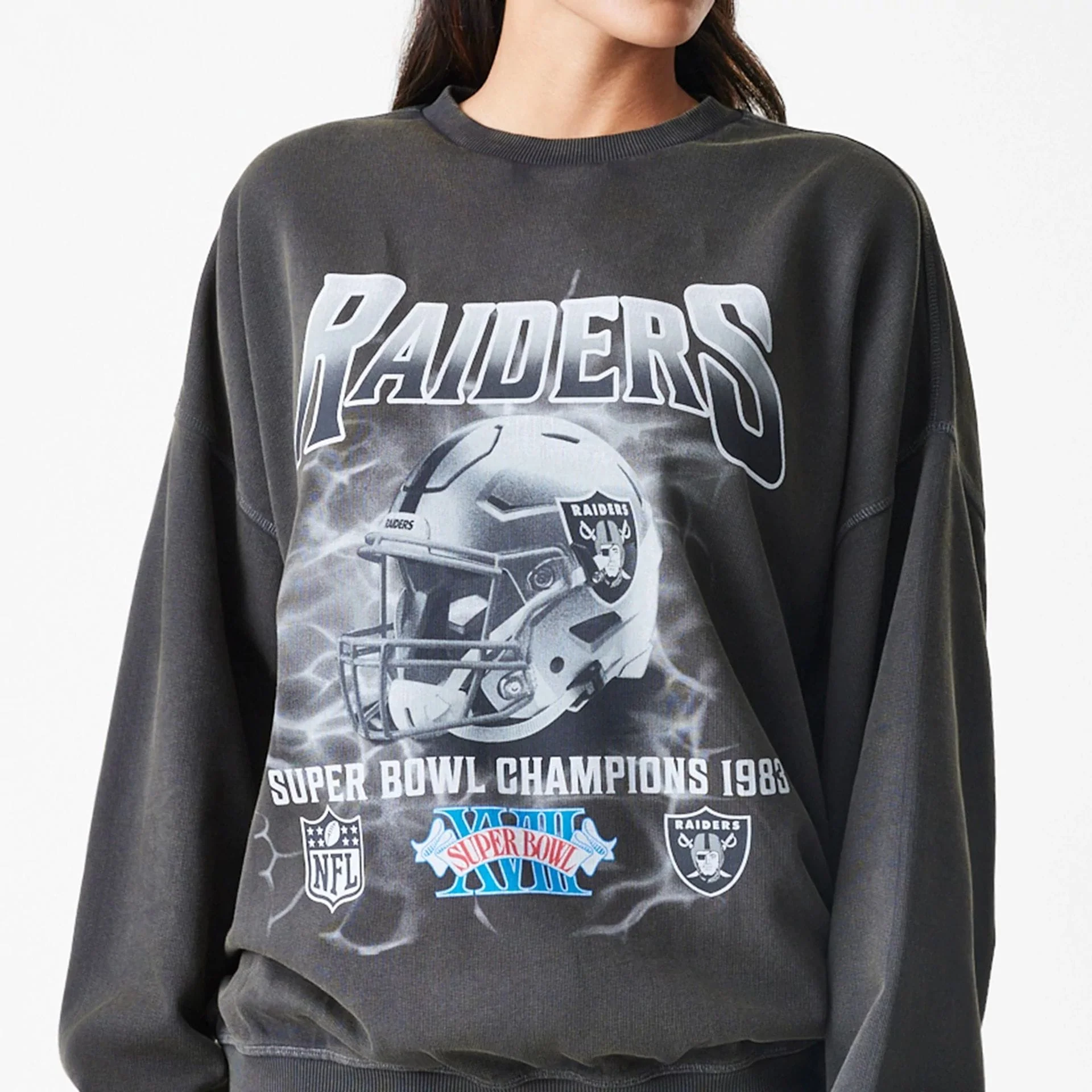 Las Vegas Raiders NFL Washed Boxy Dark Grey Oversized Crew Neck Sweater - Image 6