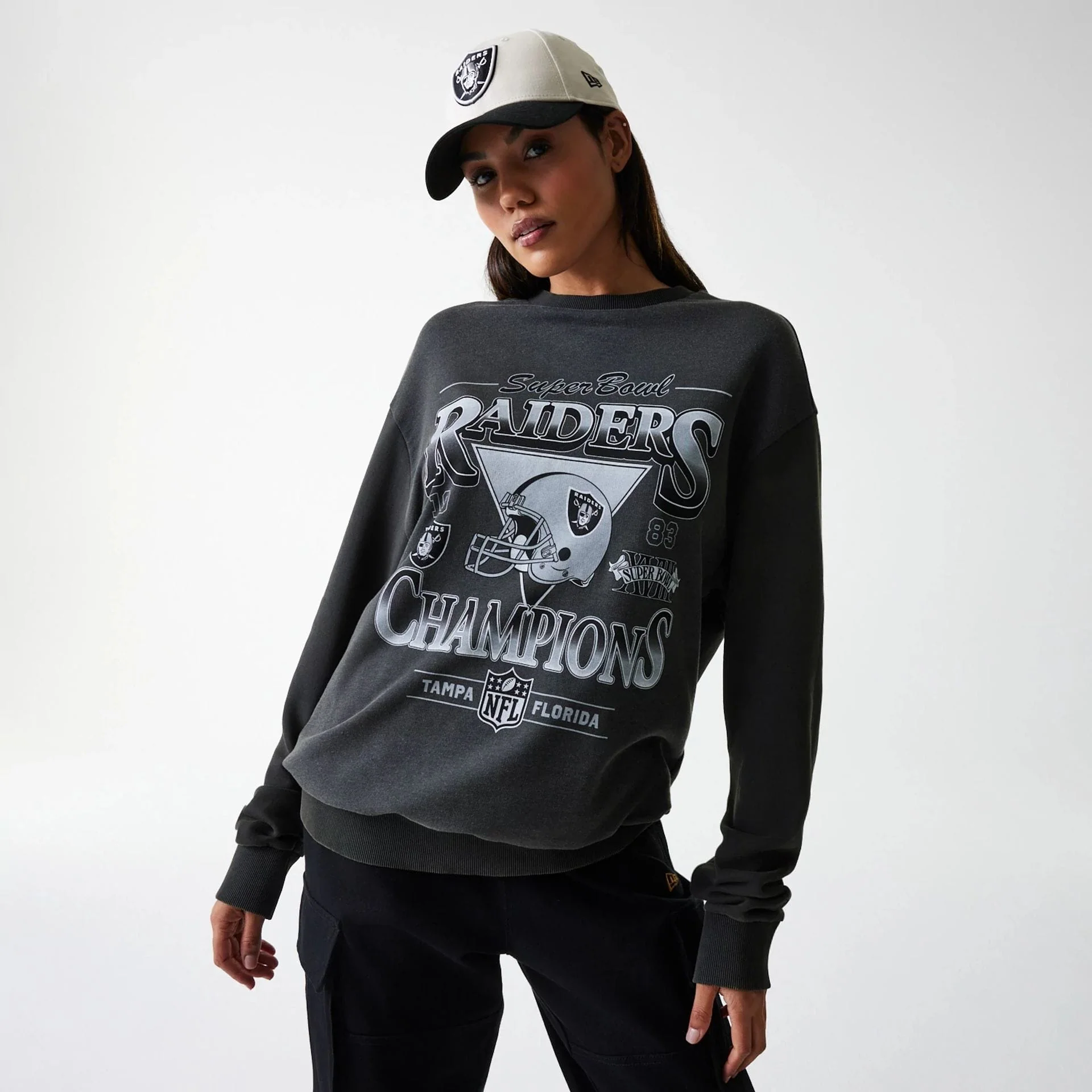Las Vegas Raiders NFL Washed Super Bowl Grey Oversized Crew Neck Sweater - Image 4