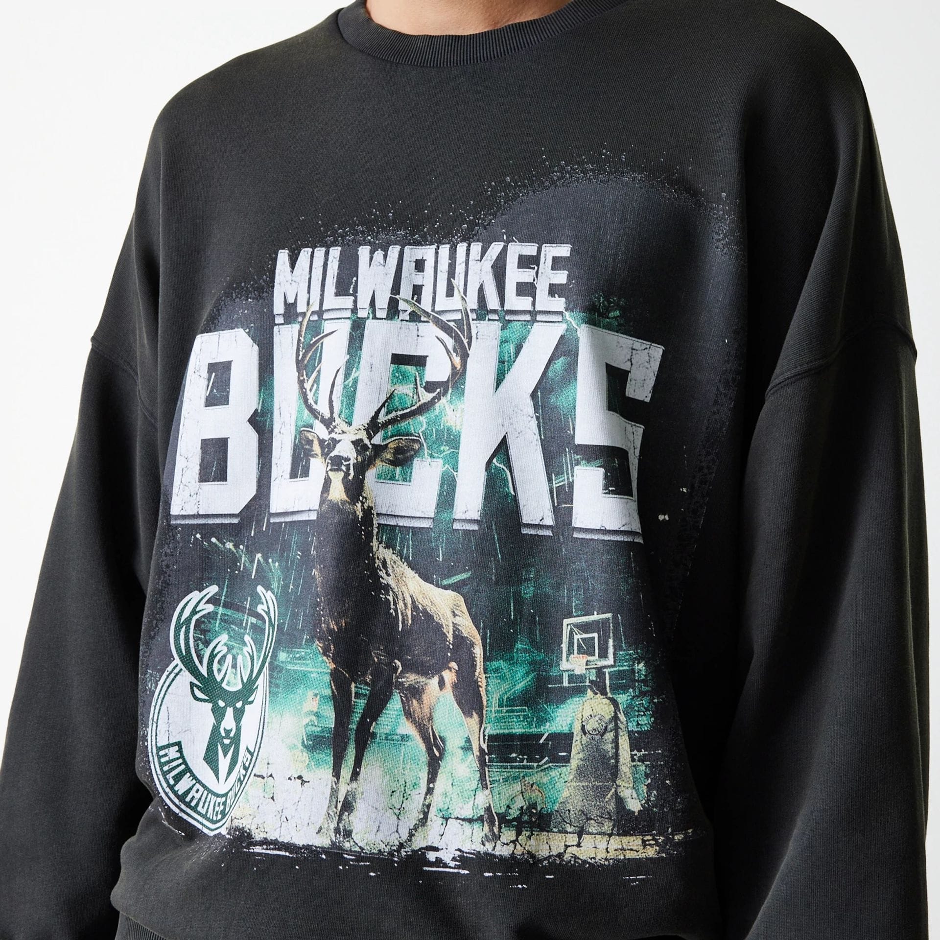 Milwaukee Bucks NBA Washed Graphic Grey Oversized Crew Neck Sweater - Image 6