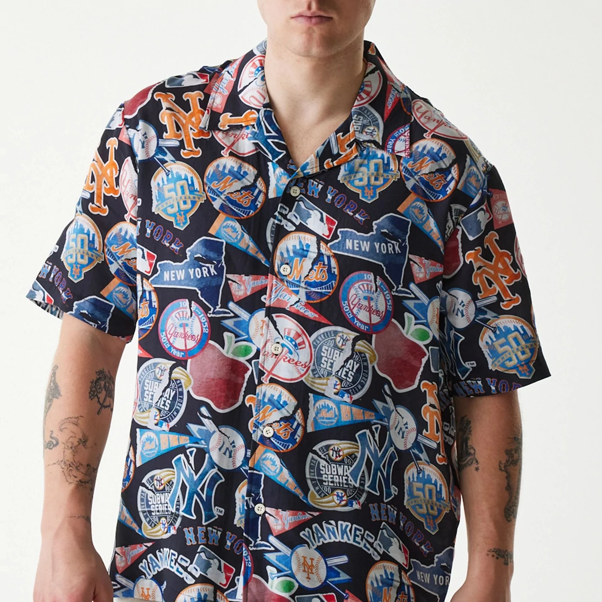 MLB Subway Series All Over Print Navy Short Sleeve Shirt - Image 3