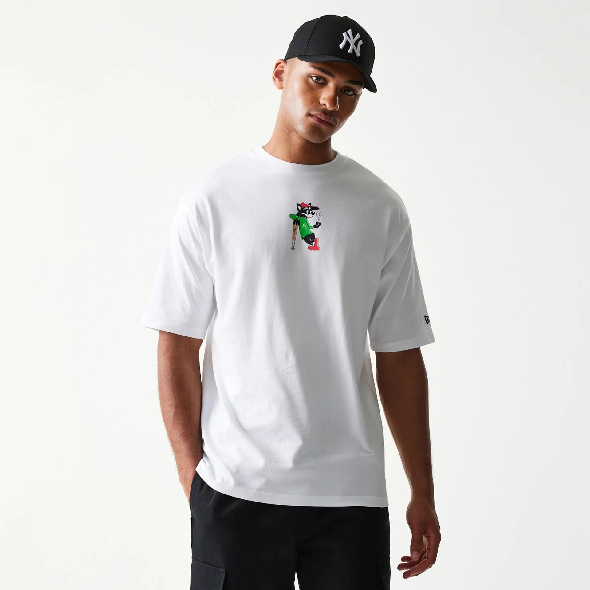 New Era Baseball Cat Character Graphic White Oversized T-Shirt - Image 3
