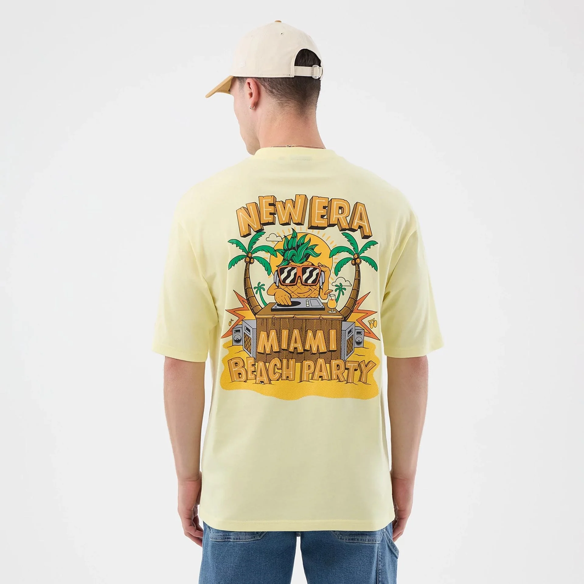 New Era Fun Beach Party Graphic Pastel Yellow Oversized T-Shirt - Image 2