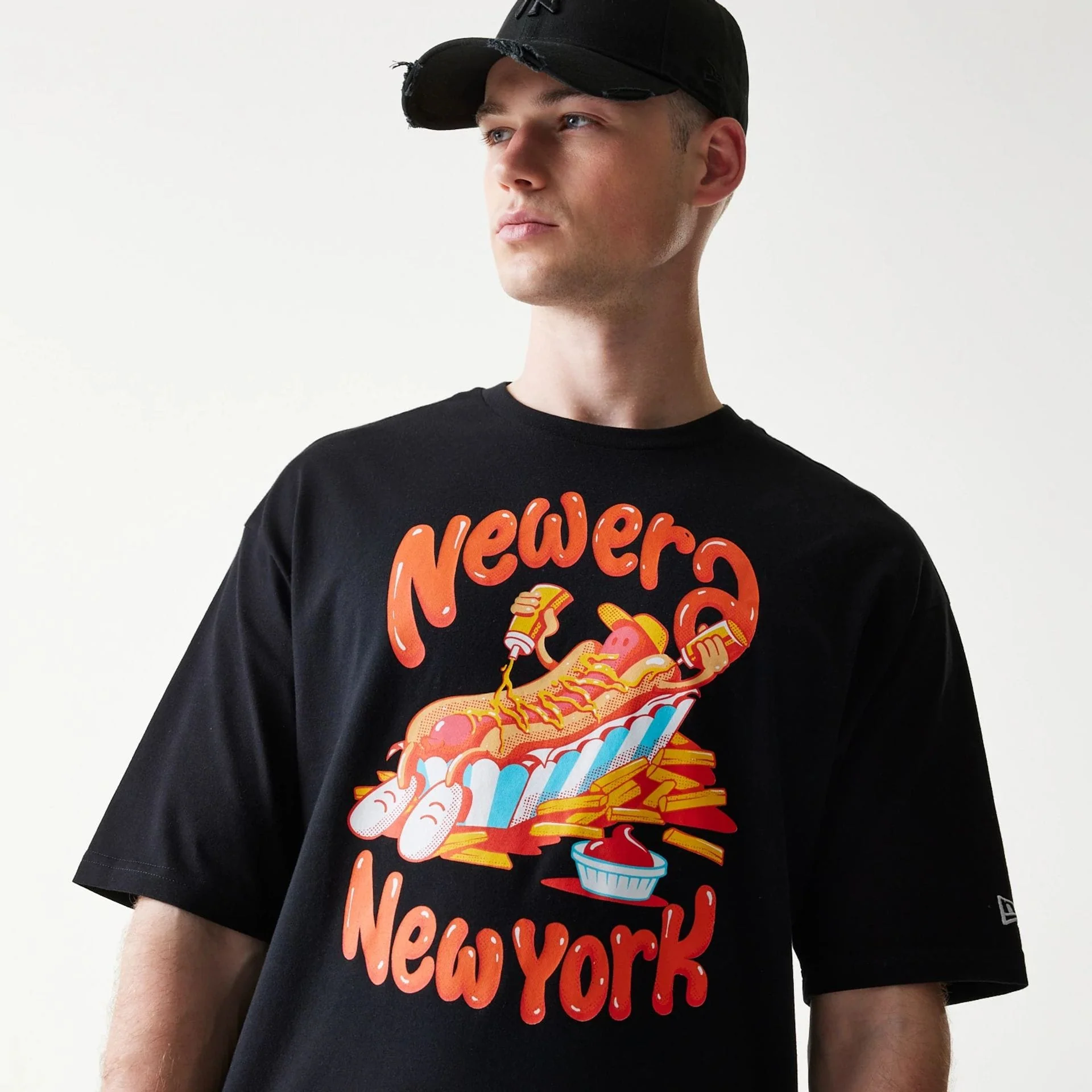 New Era Hotdog Food Graphic Black Oversized T-Shirt - Image 6