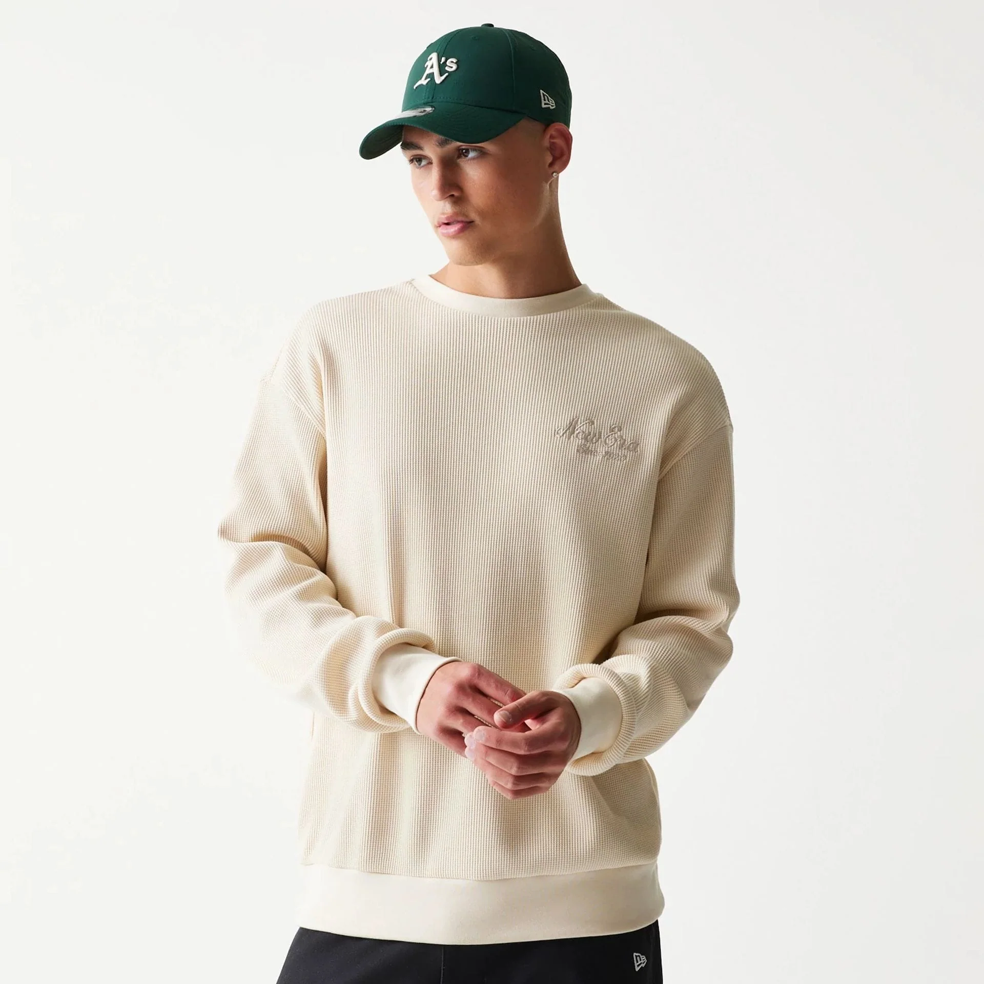 New Era Script Waffle Light Beige Crew Neck Sweater - Image 3