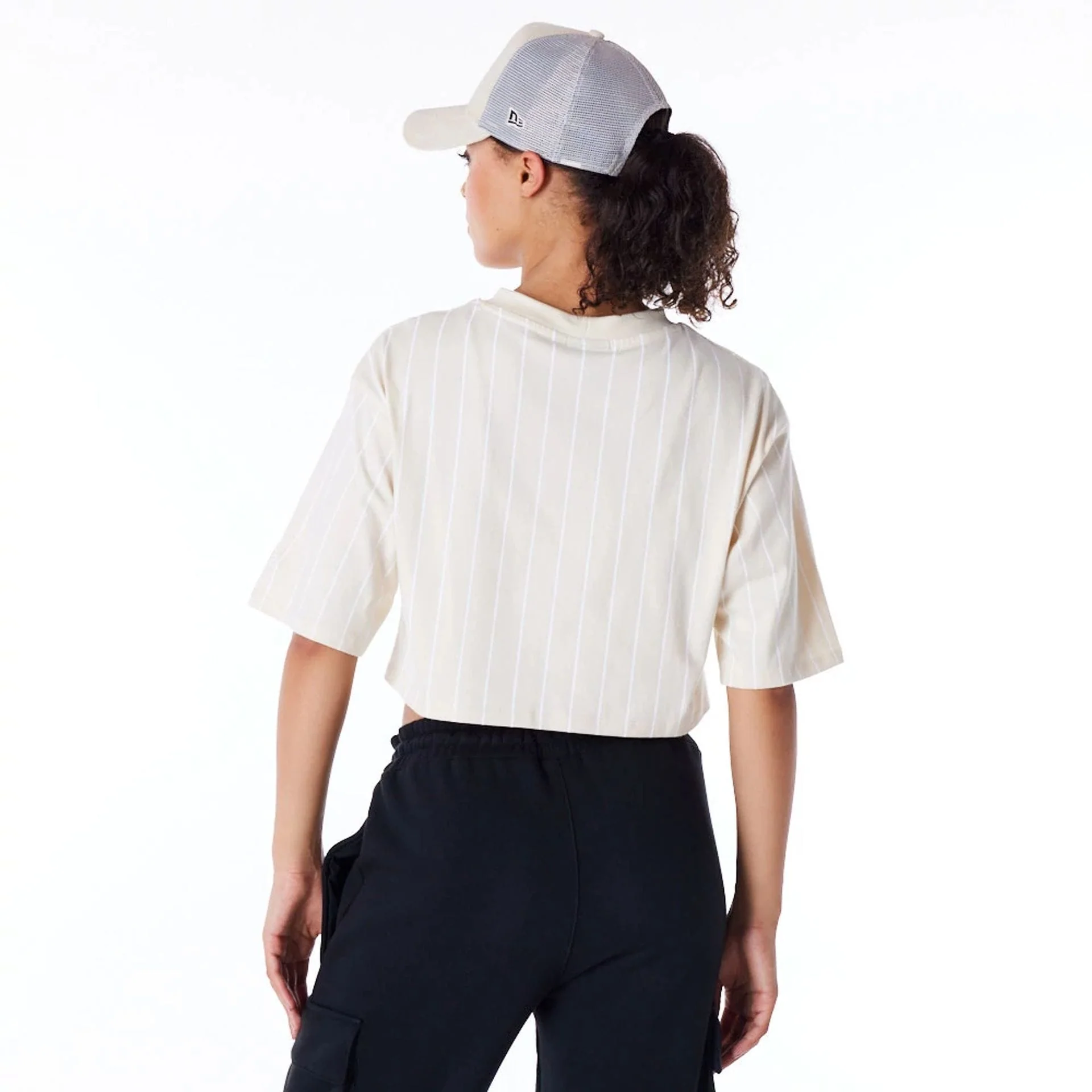 New Era Womens Pinstripe Light Beige Crop T-Shirt - Image 6