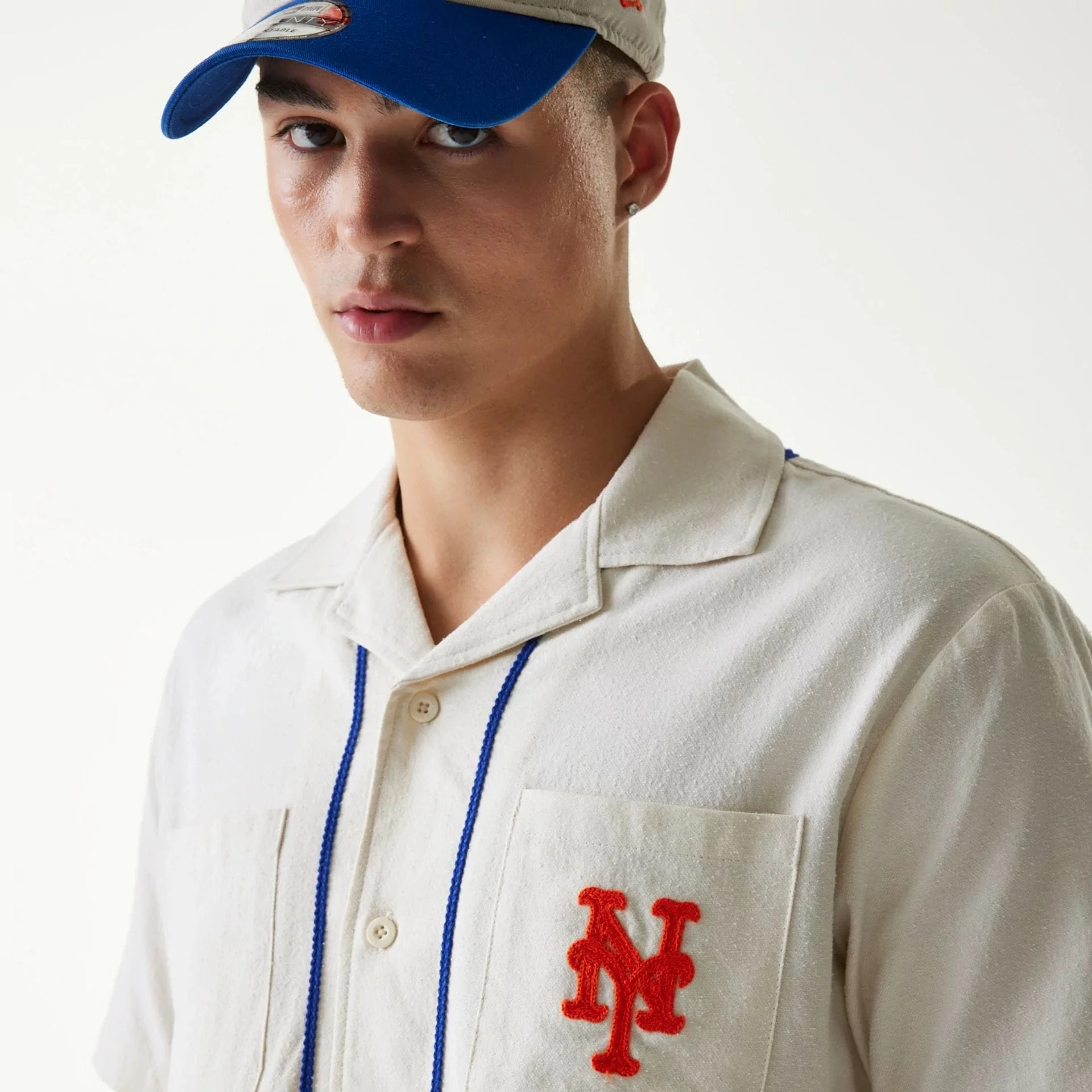 New York Mets MLB Piping Open Cream Short Sleeve Shirt - Image 6