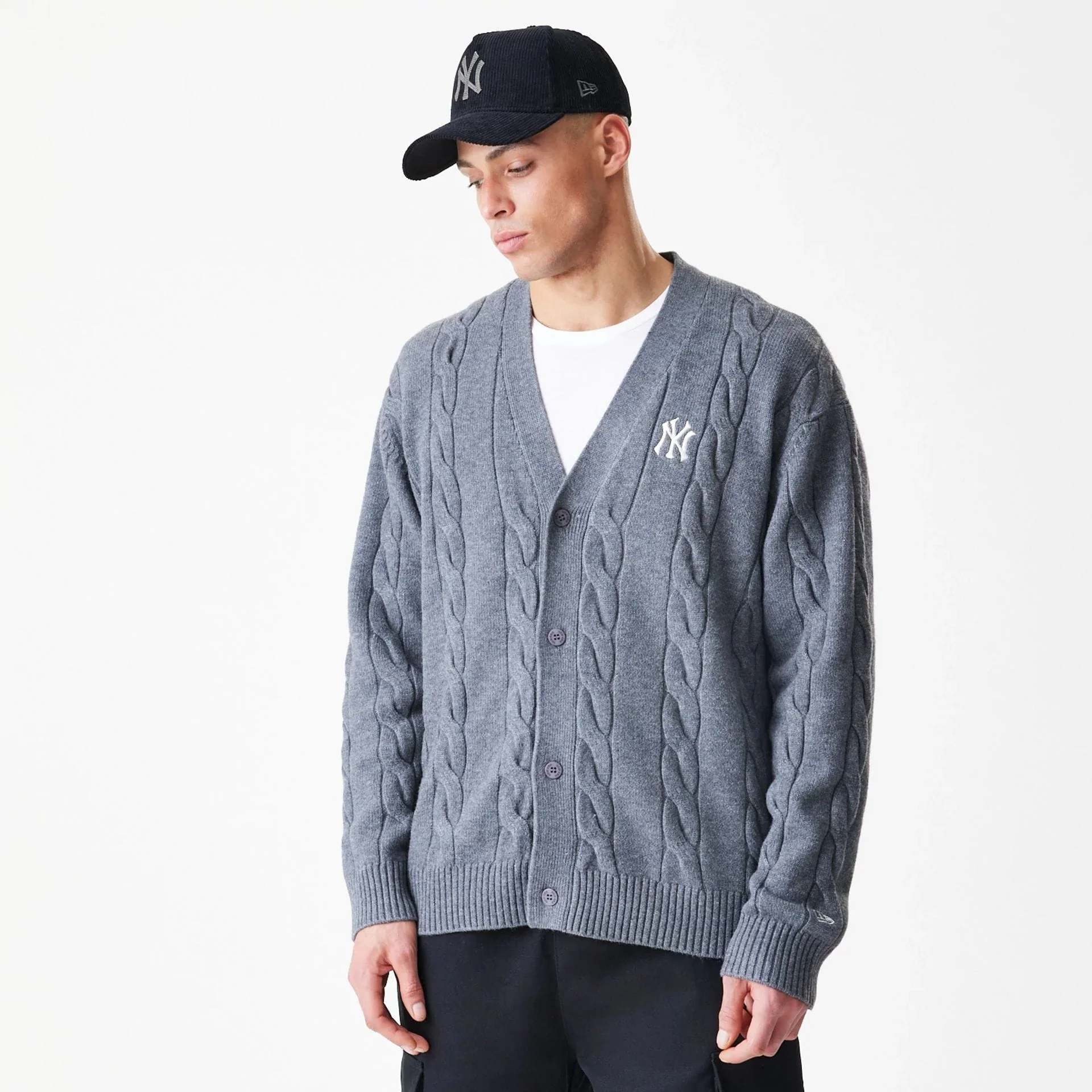 New York Yankees MLB Cable Knit Dark Grey Cardigan - Image 3