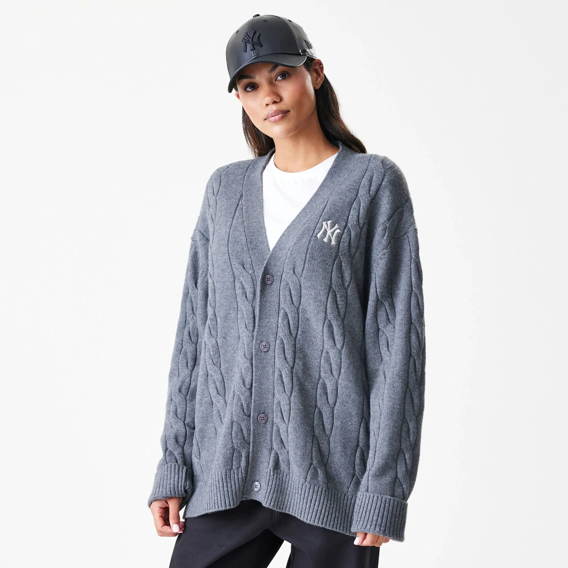 New York Yankees MLB Cable Knit Dark Grey Cardigan - Image 4