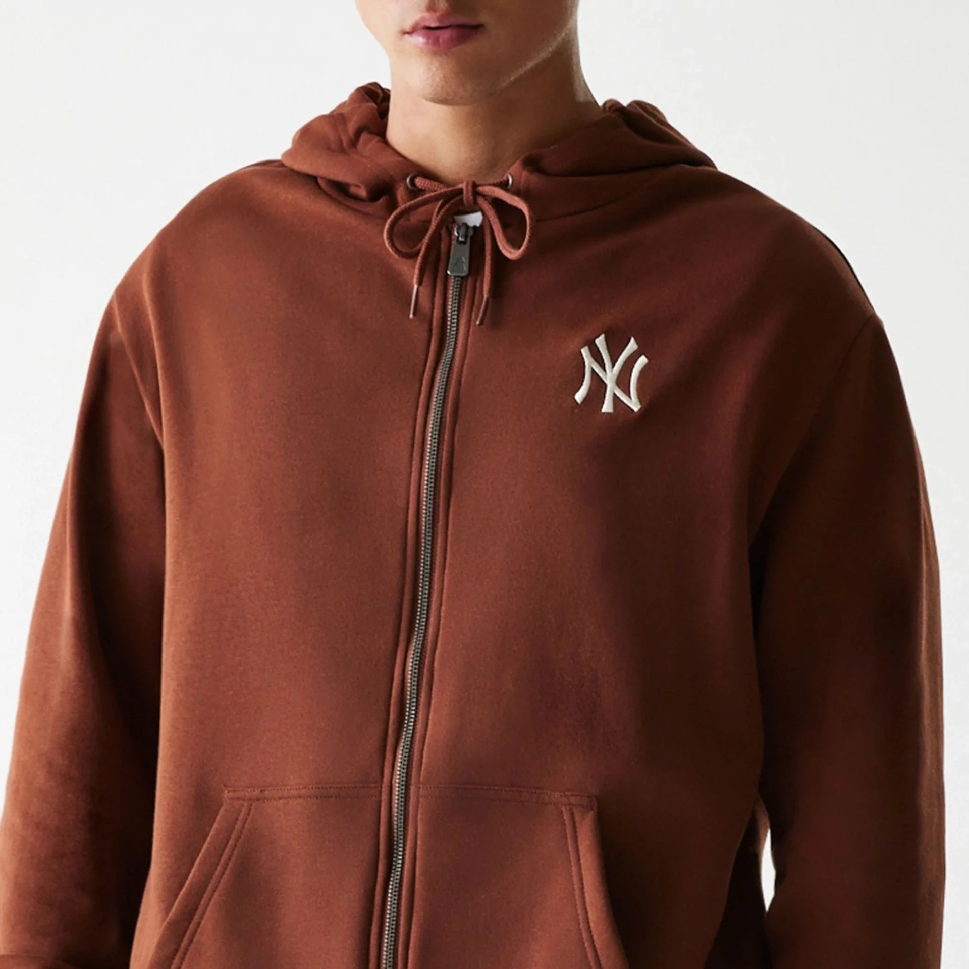 New York Yankees MLB Midi League Essential Brushed Fleece Brown Oversized Full Zip Hoodie - Image 6