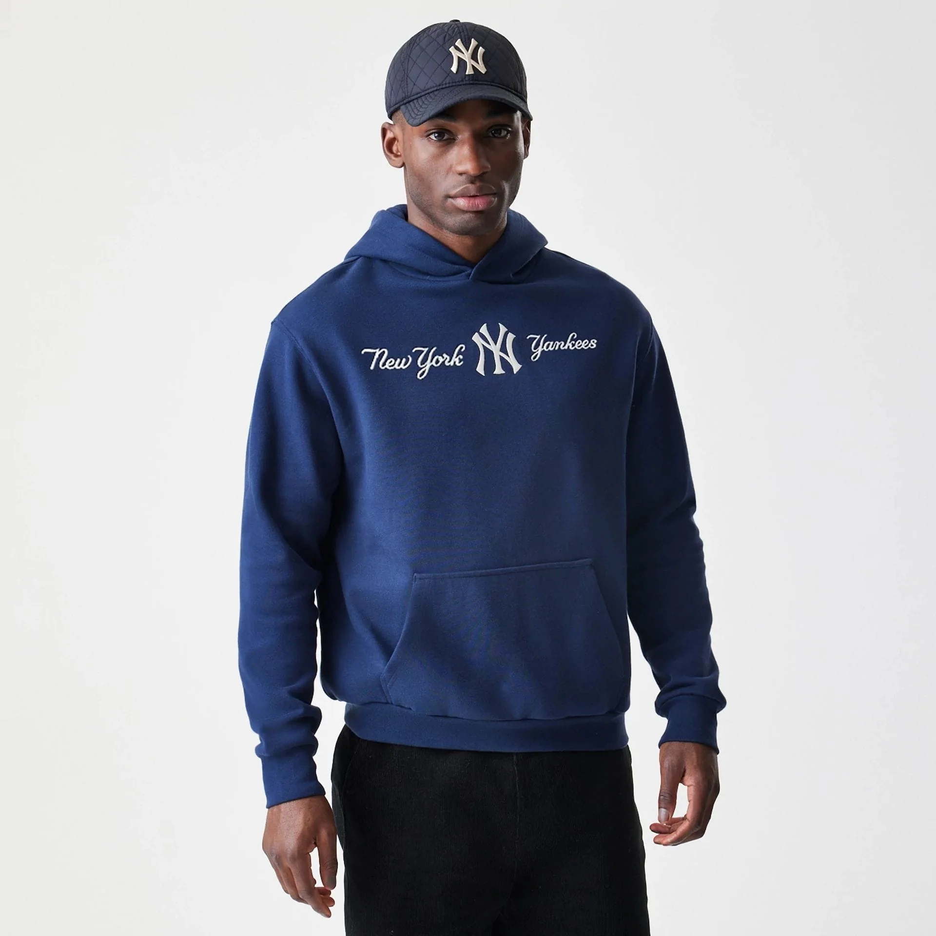New York Yankees MLB Script Navy Oversized Pullover Hoodie - Image 3
