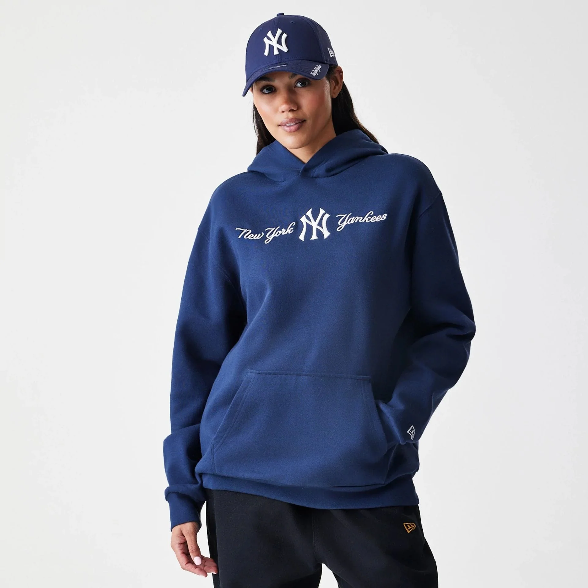 New York Yankees MLB Script Navy Oversized Pullover Hoodie - Image 4