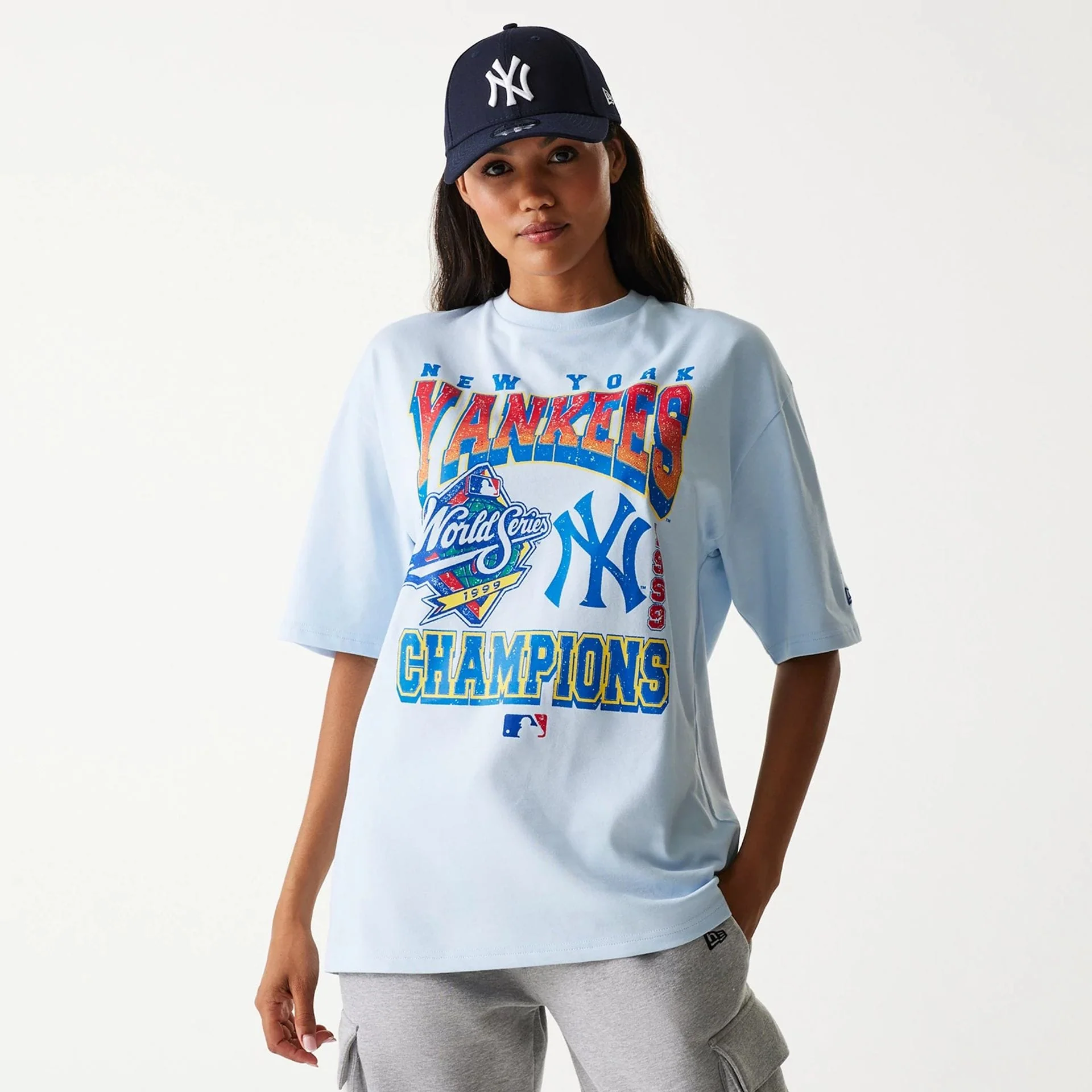 New York Yankees MLB World Series Pastel Blue Oversized T-Shirt - Image 5