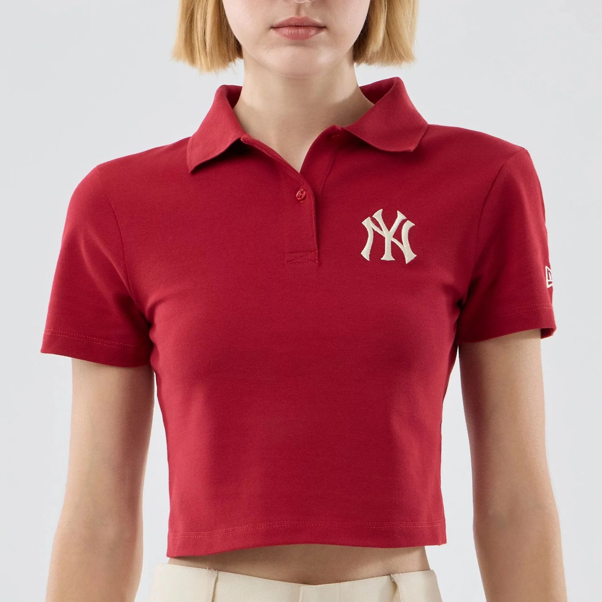 New York Yankees Womens MLB Dark Red Cropped Slim Polo T-shirt - Image 3