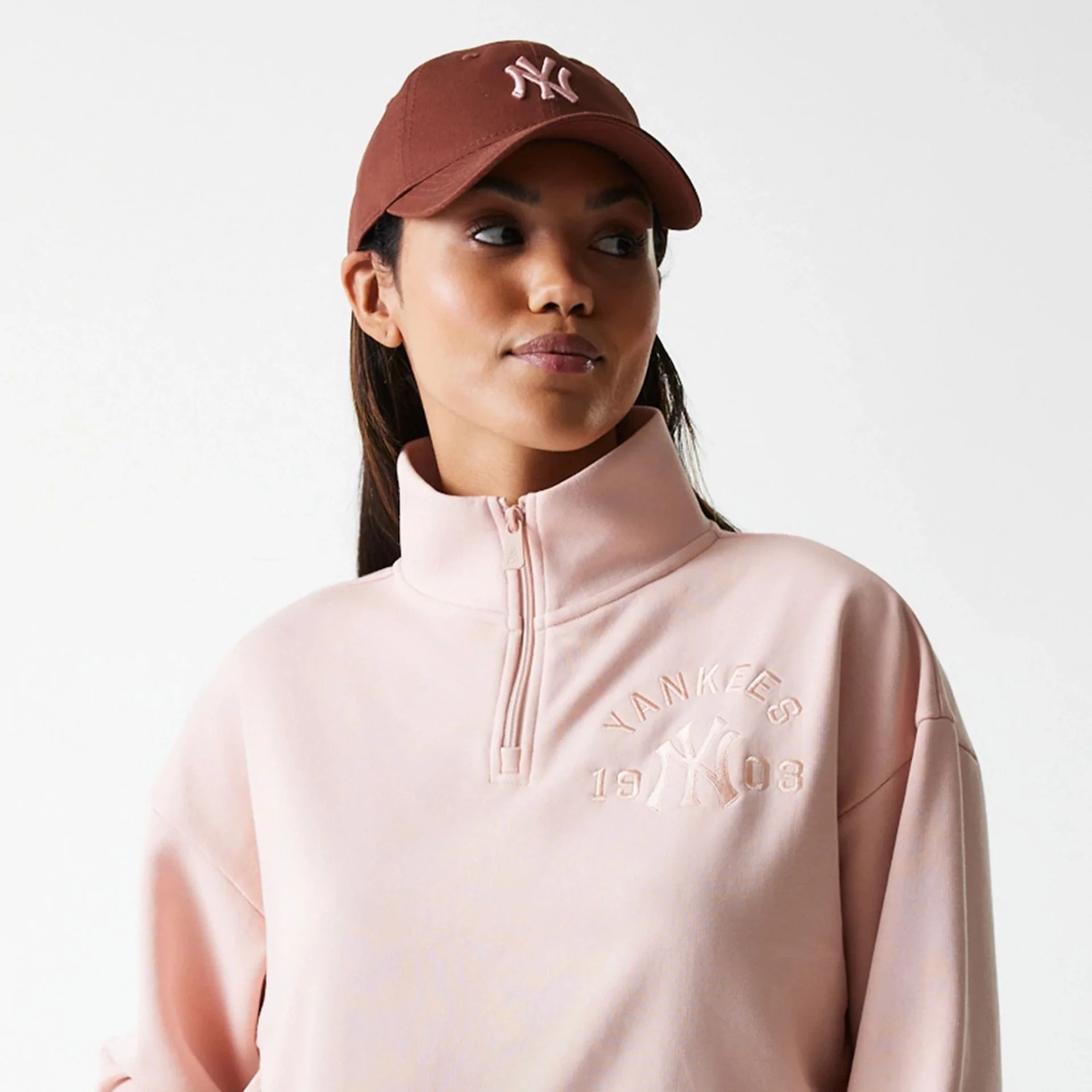 New York Yankees Womens MLB Tonal Pastel Pink Cropped 1/4 Zip Sweater - Image 6
