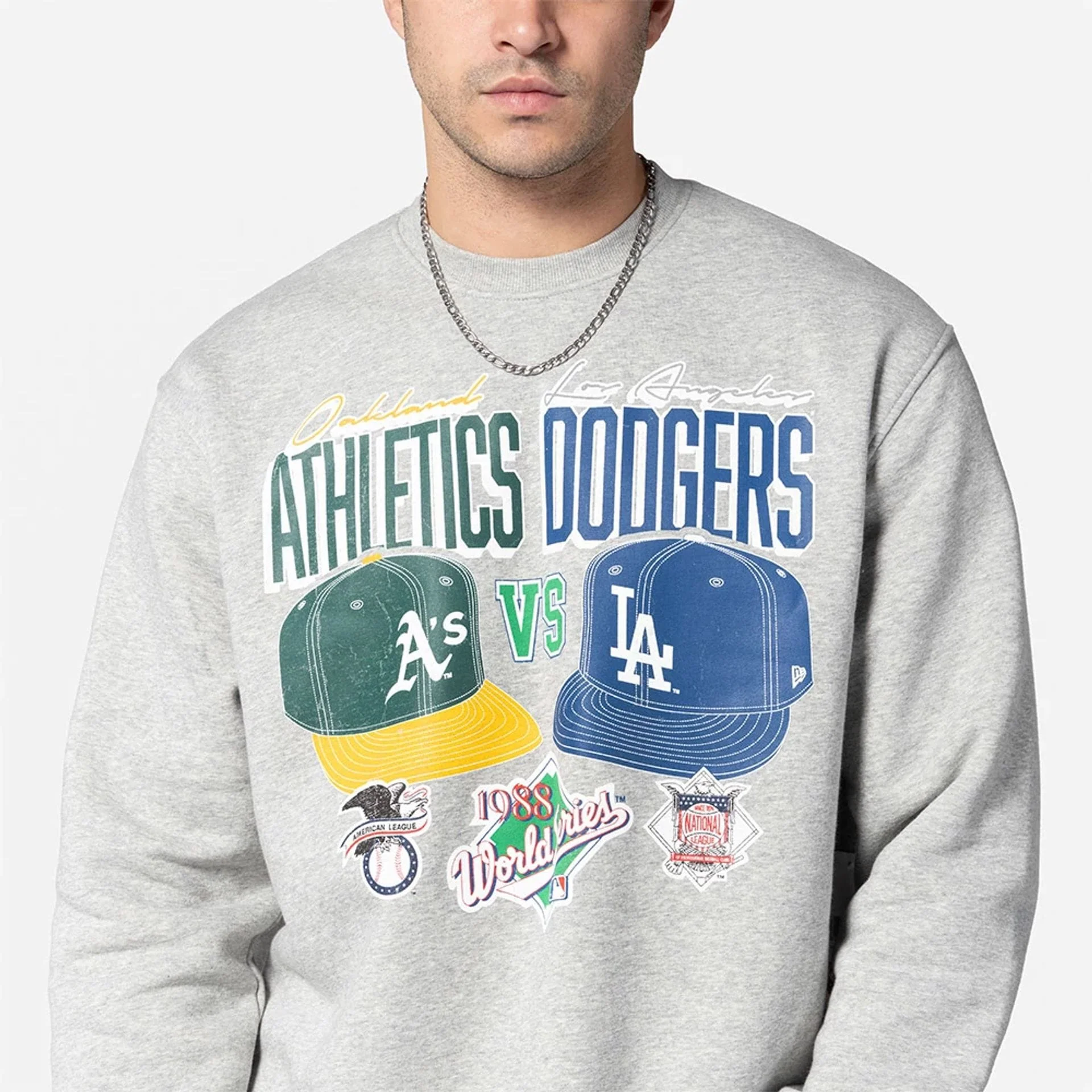 Oakland Athletics VS LA Dodgers MLB Dueling Logos Sport Classic Grey Crewneck Sweater - Image 2