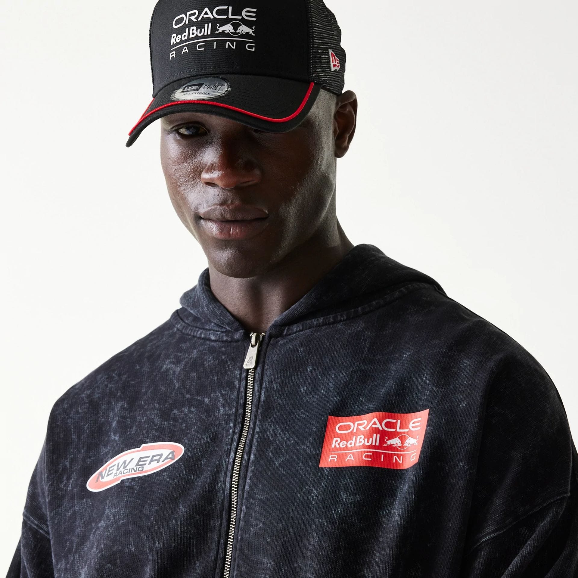 Red Bull Racing Graphic Black Dropped Shoulder Full Zip Hoodie - Image 7