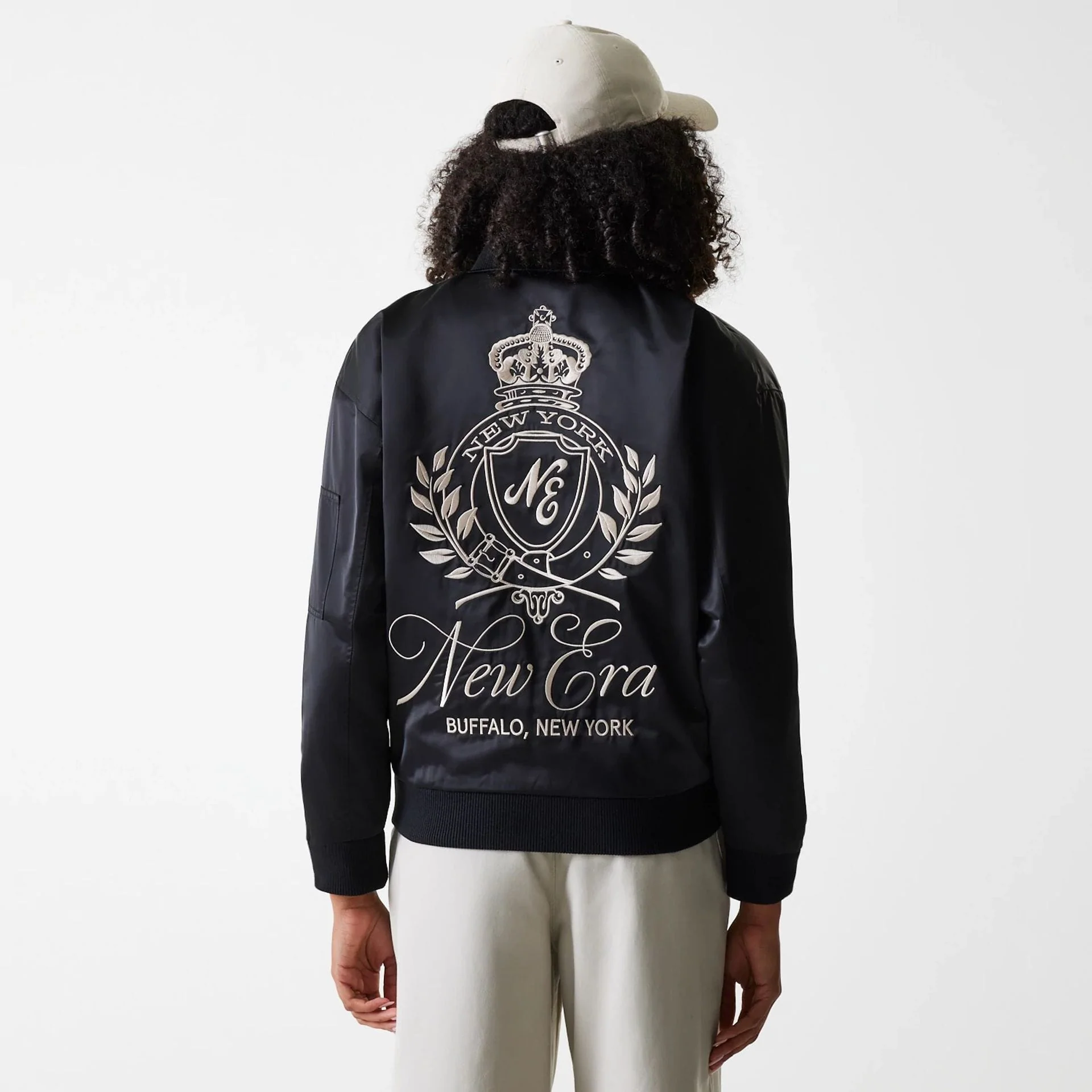 Womens New Era Black Satin Bomber Jacket - Image 2
