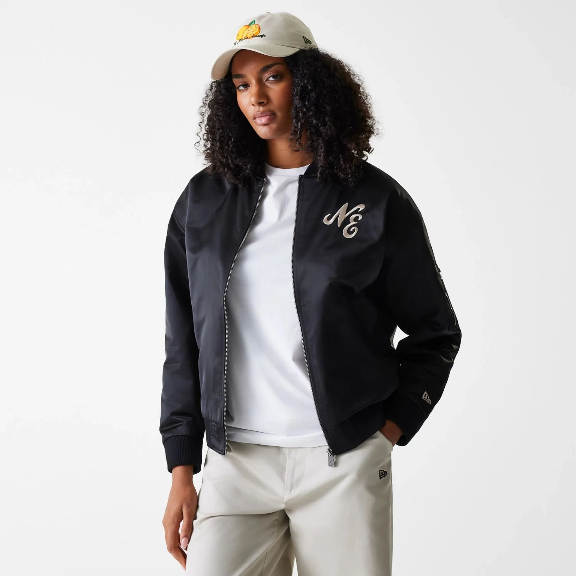 Womens New Era Black Satin Bomber Jacket - Image 3