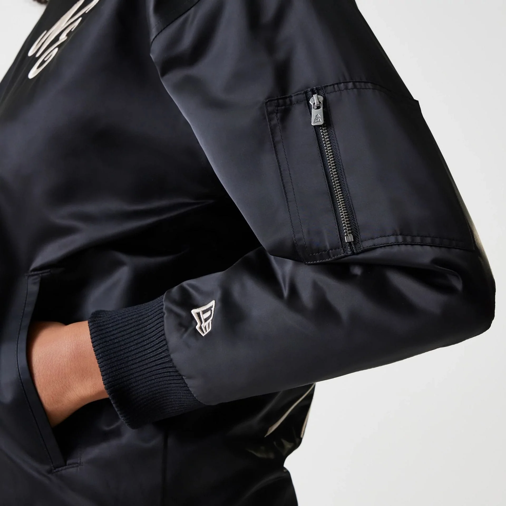 Womens New Era Black Satin Bomber Jacket - Image 7
