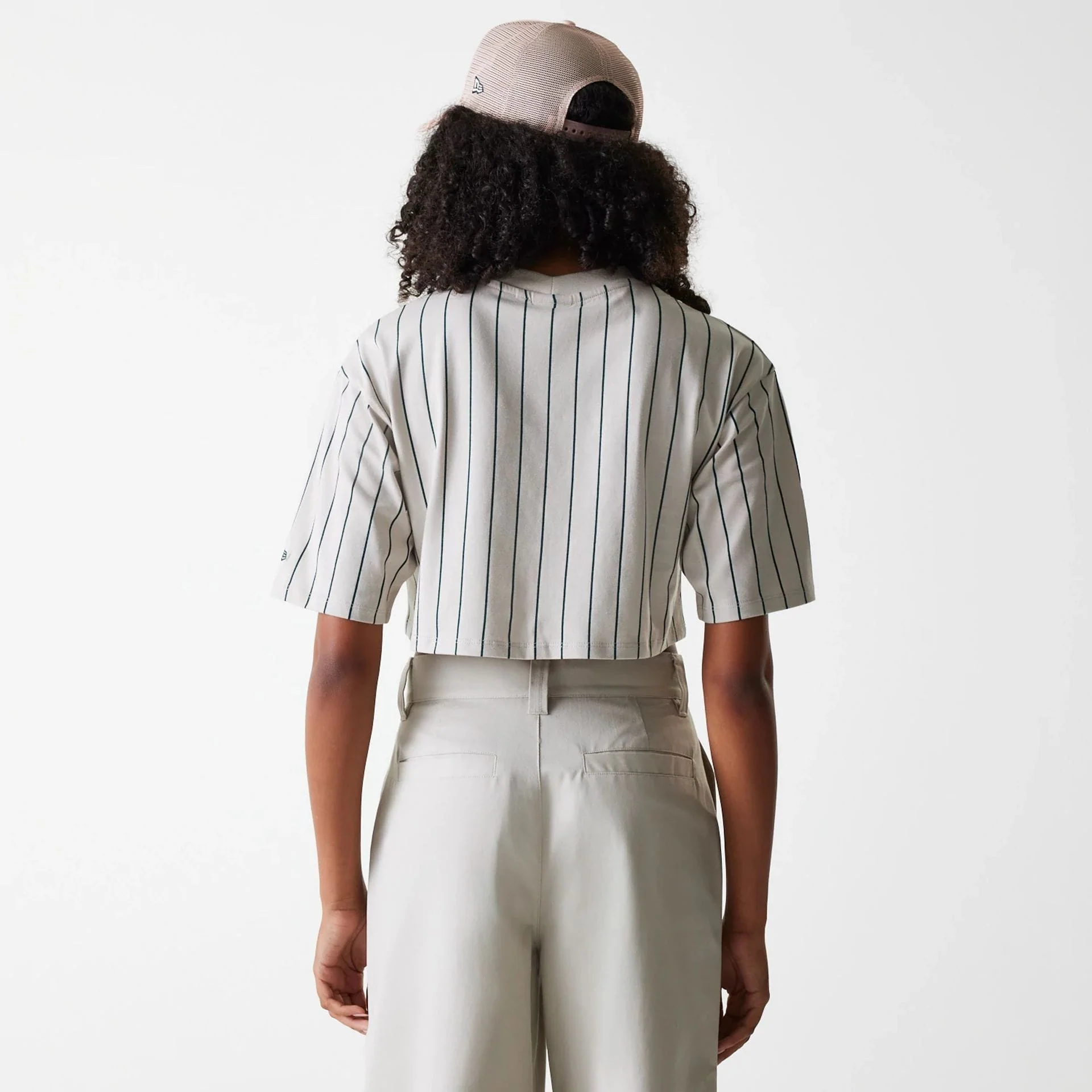 Womens New Era Pinstripe Light Beige Crop T-Shirt - Image 2