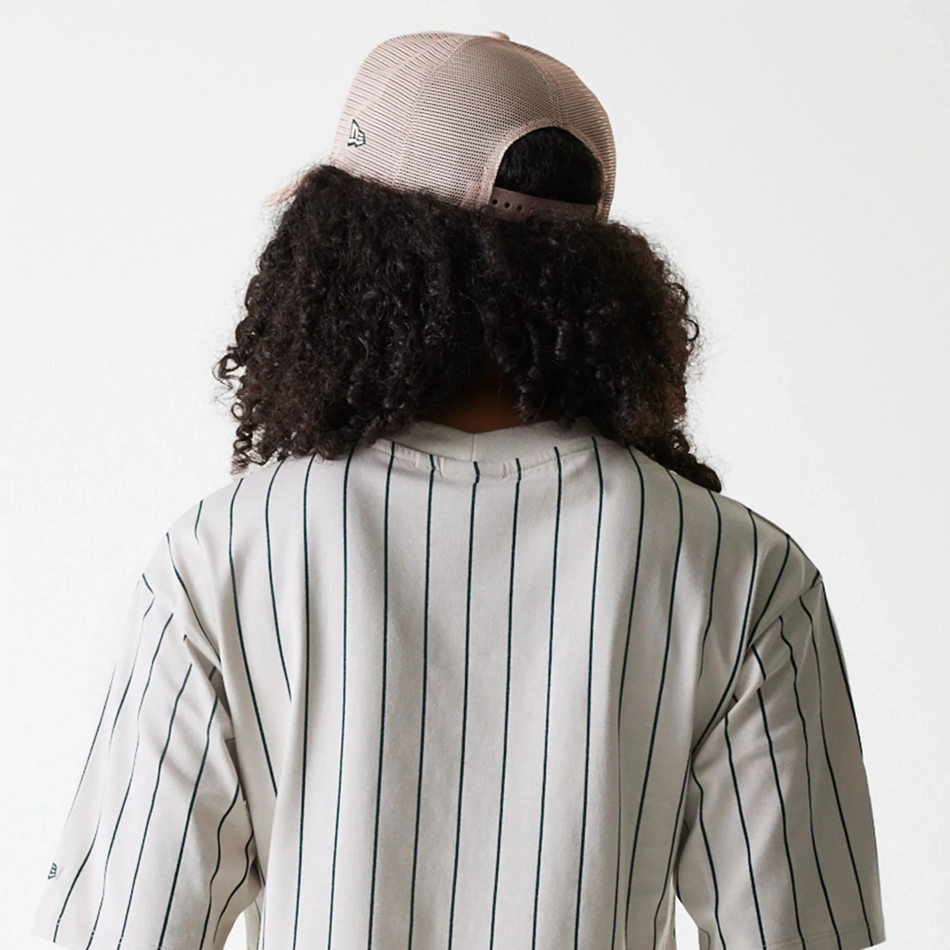 Womens New Era Pinstripe Light Beige Crop T-Shirt - Image 6