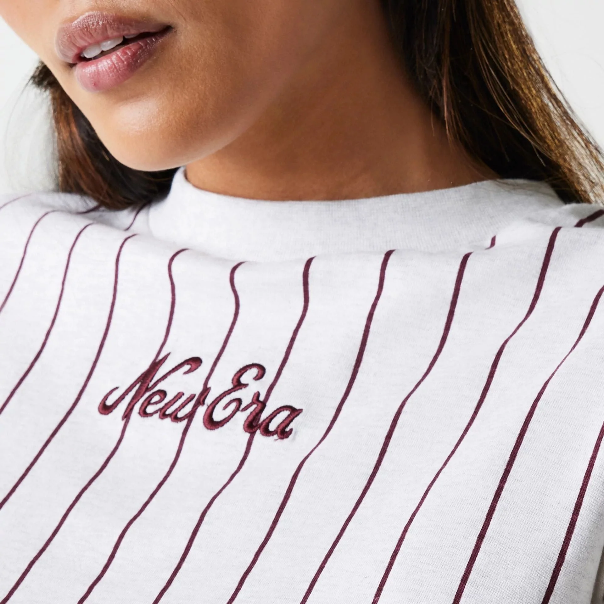Womens New Era Pinstripe Pastel Grey Crop T-Shirt - Image 3