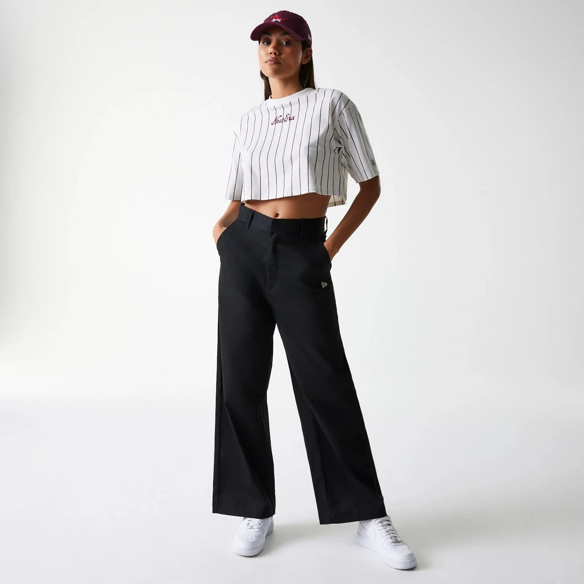 Womens New Era Pinstripe Pastel Grey Crop T-Shirt - Image 8