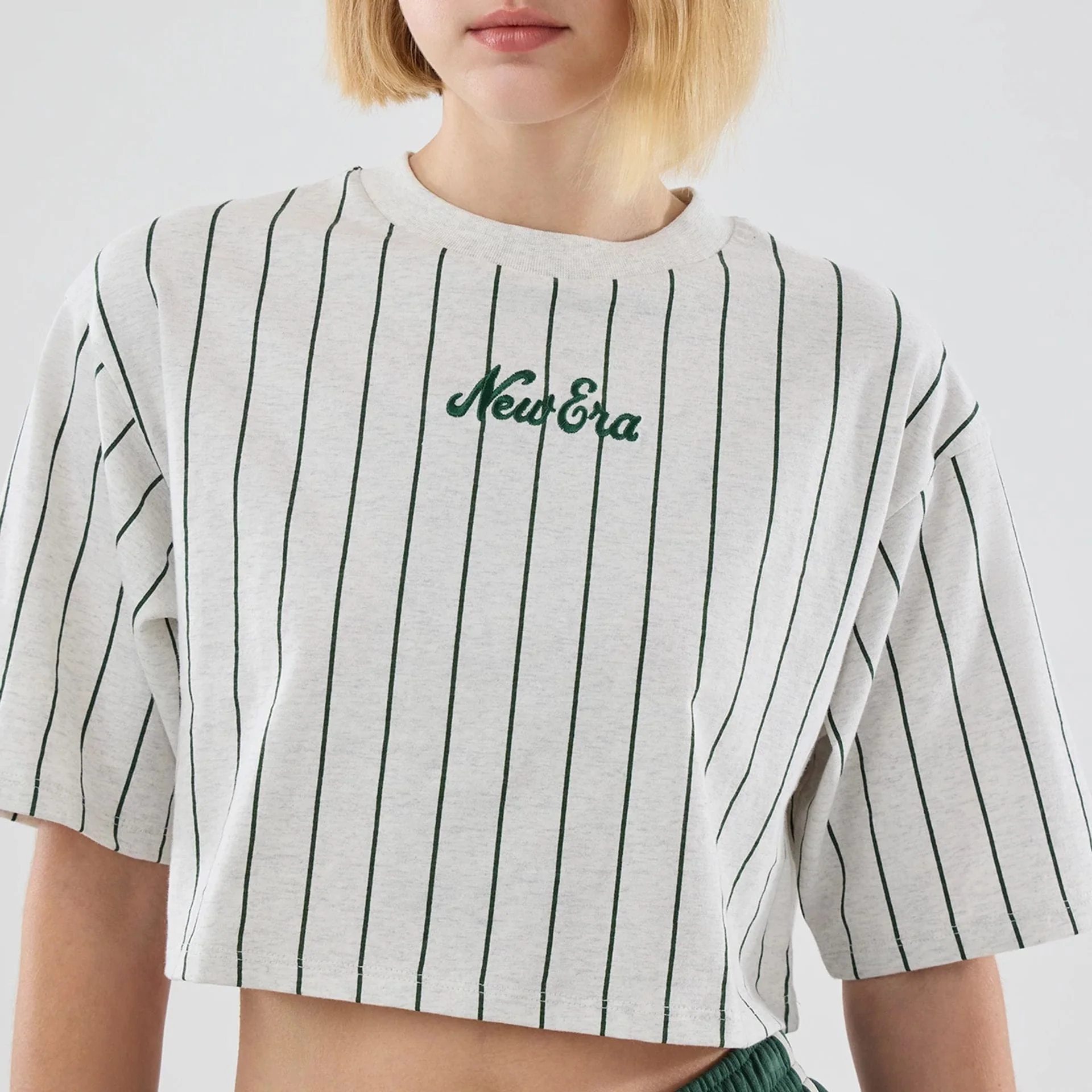 Womens New Era Pinstripe Pastel Grey Cropped T-shirt - Image 4